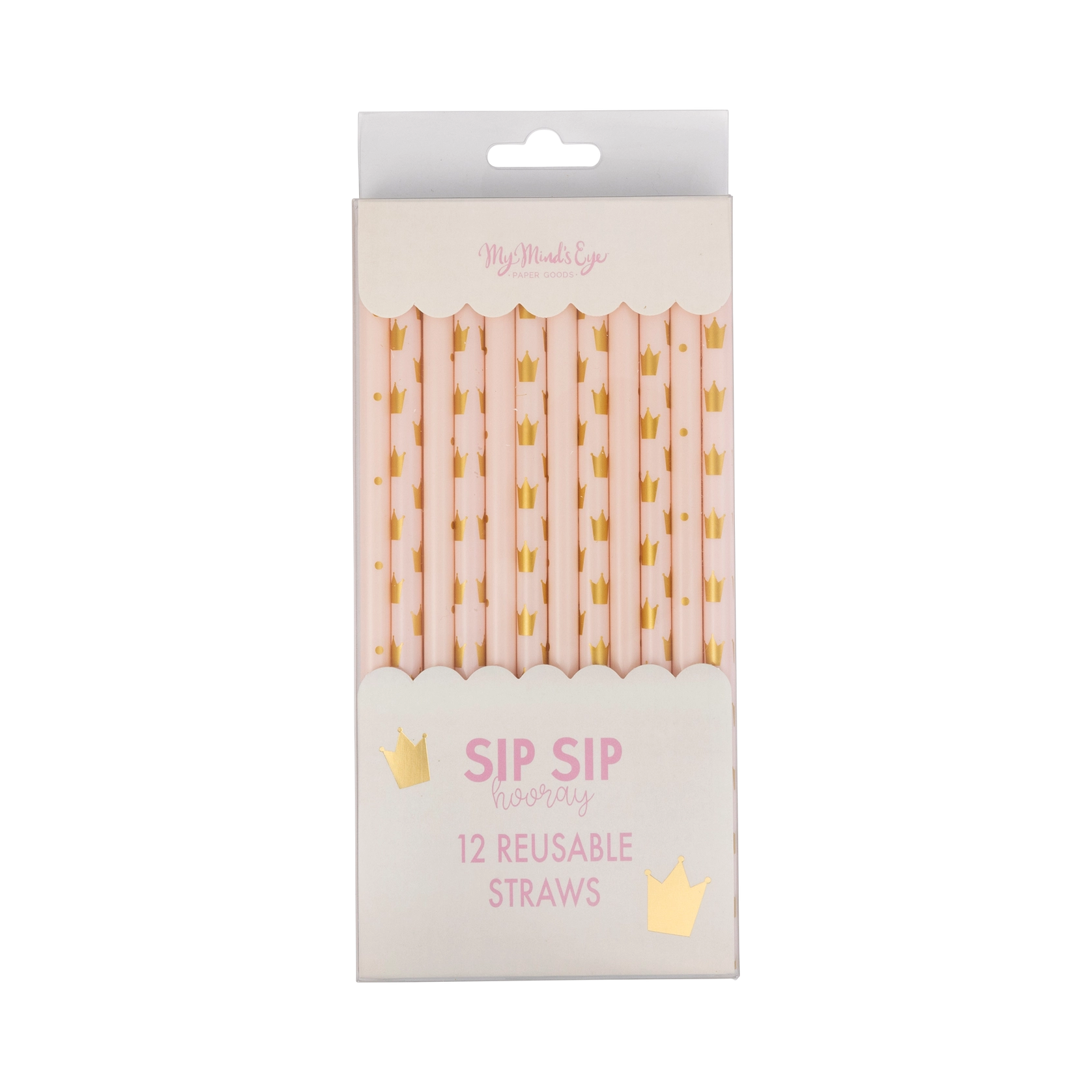 Front view of boxed “Sip Sip Hooray” reusable pink straws set of 12.