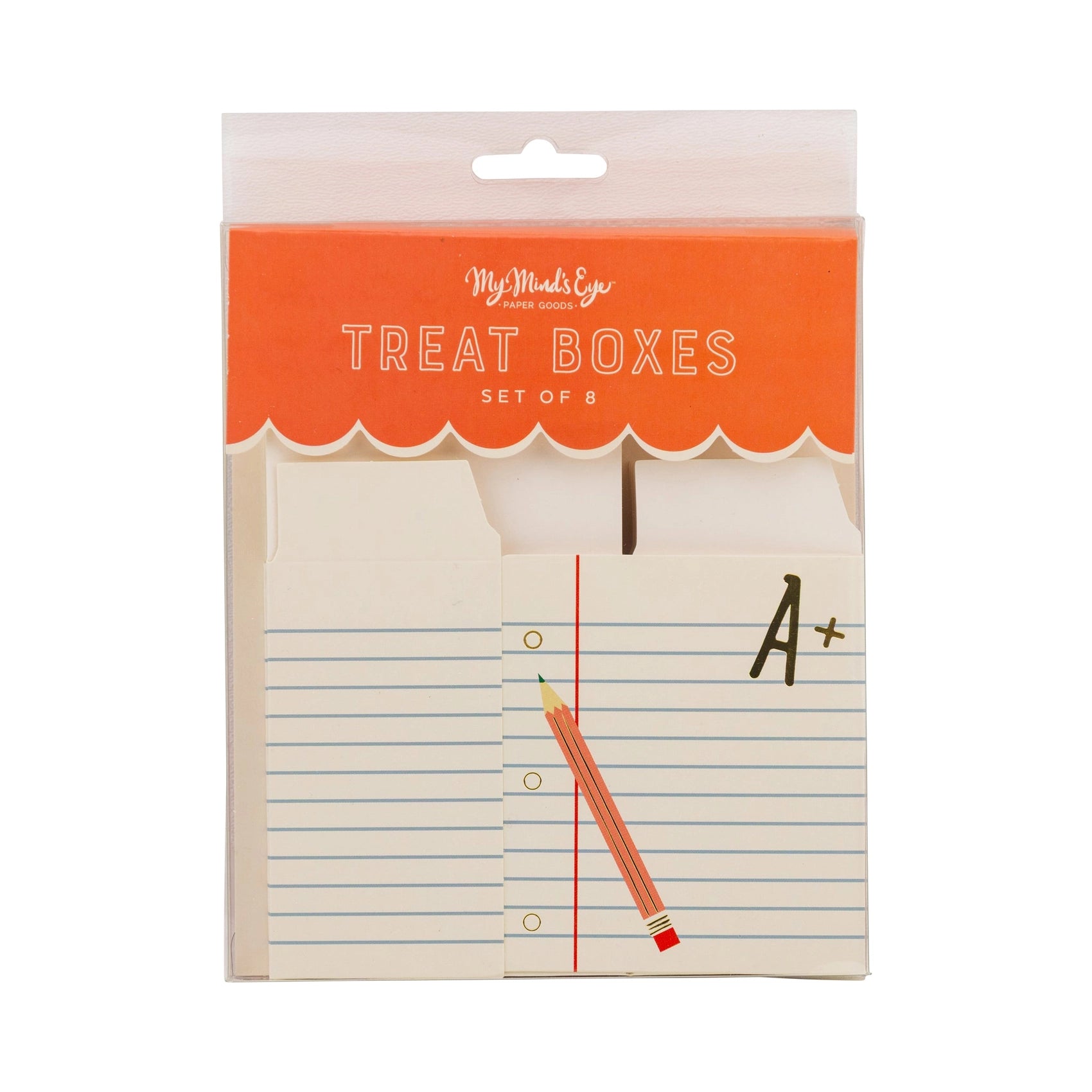 Flat lay of the treat boxes in packaging, showing the notebook paper and pencil design with “A+” detail.