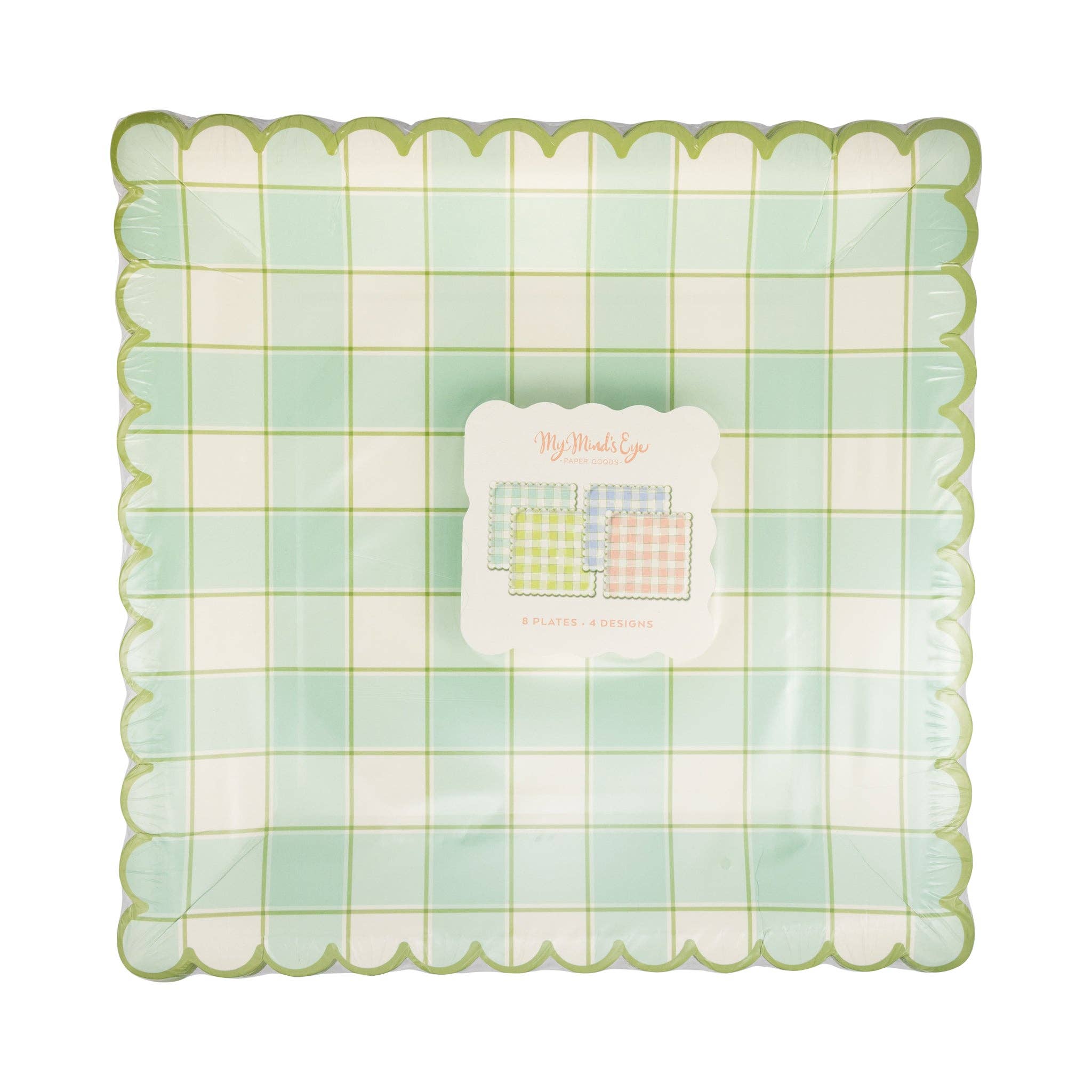 Retail packaging for 8ct paper plates featuring mixed pastel plaid designs, part of a festive spring table setting.