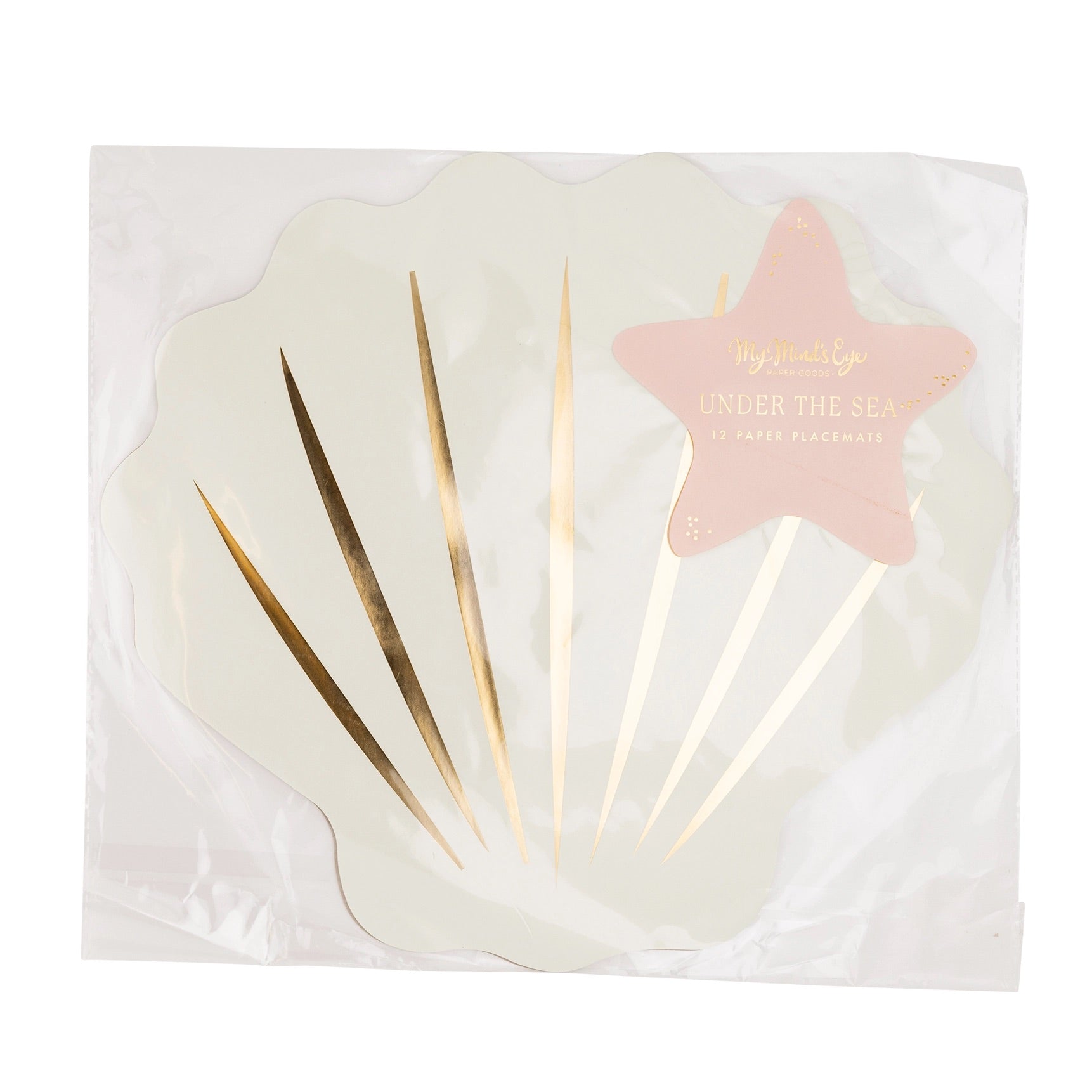 Packaged set of large seashell-shaped paper placemats in soft lavender, sealed in clear packaging.
