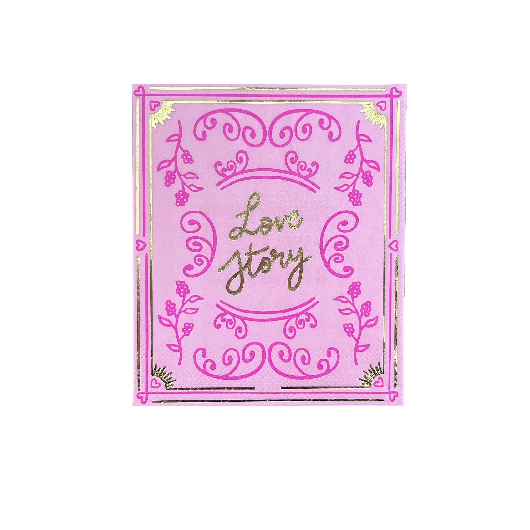 Close-up of pink cocktail napkin labeled 'Love Story' with elegant gold foil detailing.