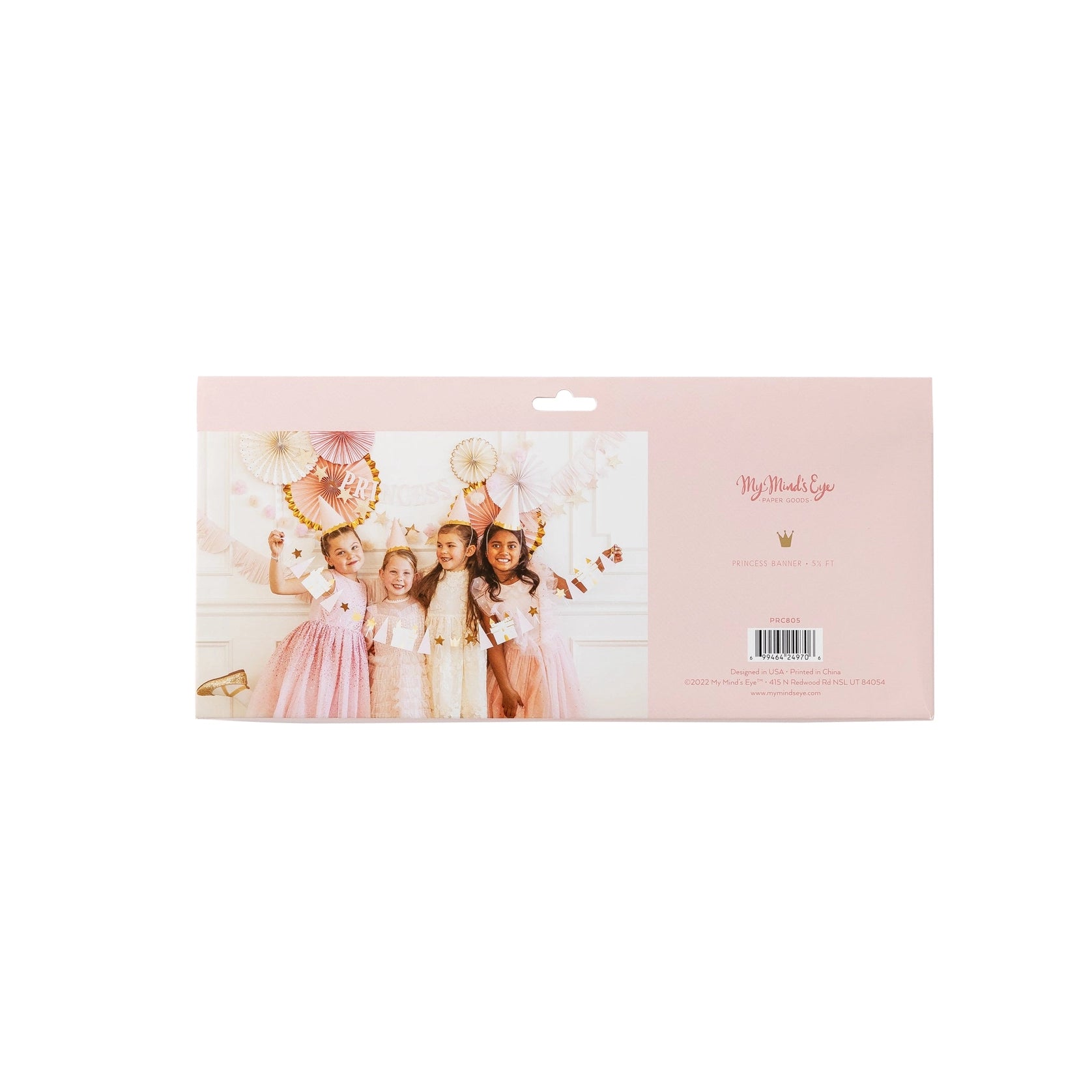 Retail package back of Princess Icon Banner with photo of four girls under the hung banner.