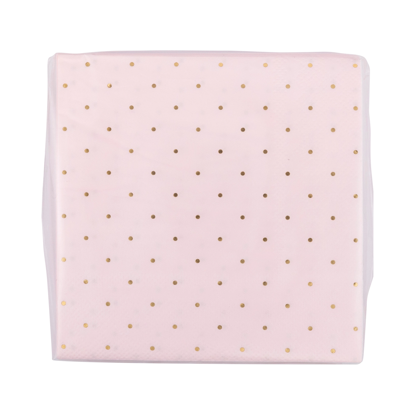 Front view of packaged pink napkins—clear wrap shows gold polka dots and product label, 18-count, 5 × 5 inches.