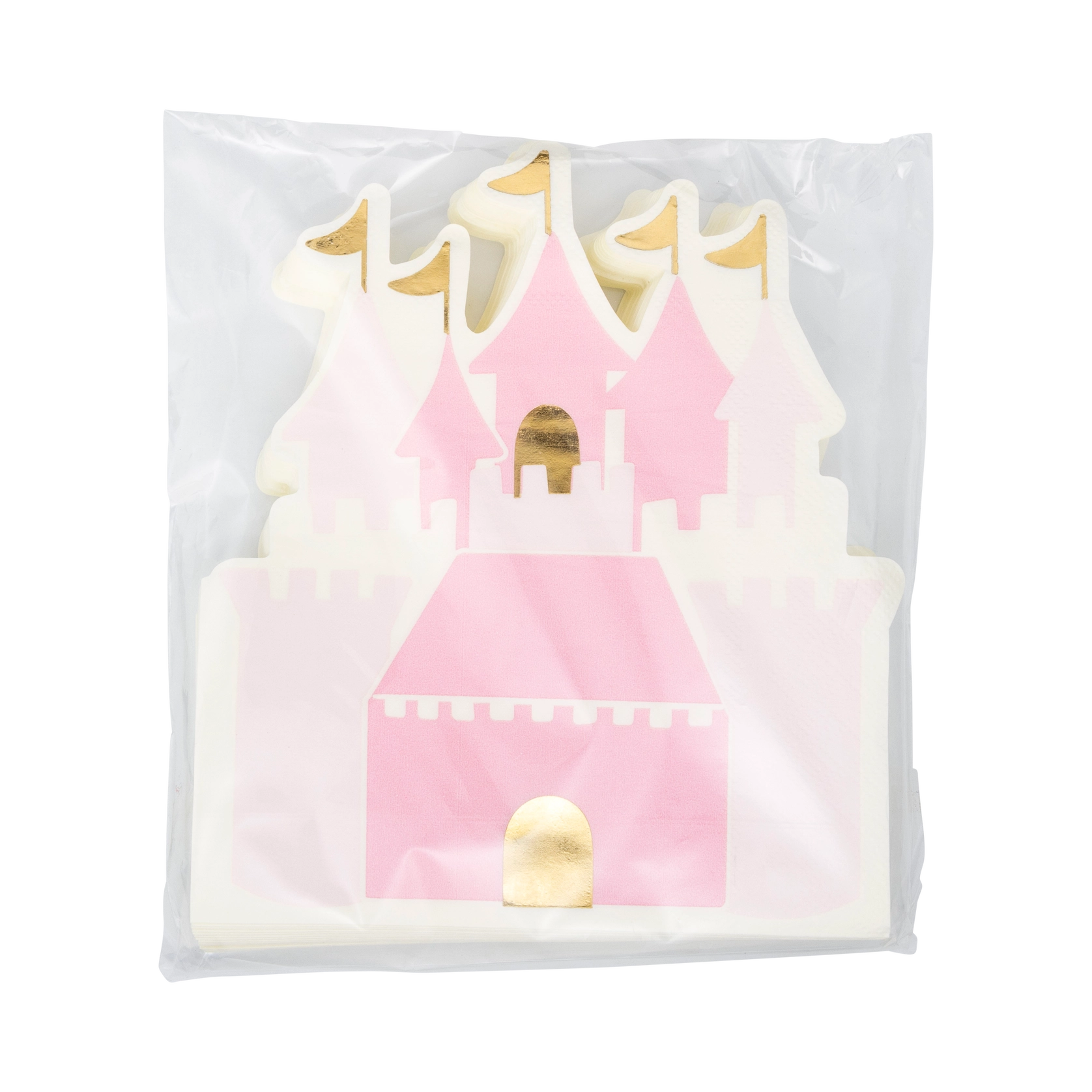 Back view of sealed pack of princess napkins highlighting shimmering gold-foil door and banners atop blush towers.
