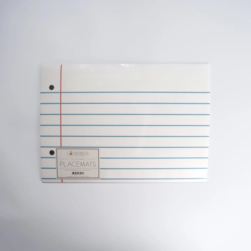 Retail package of loose‑leaf paper placemats sealed in clear wrap, showcasing the lined design and product label.