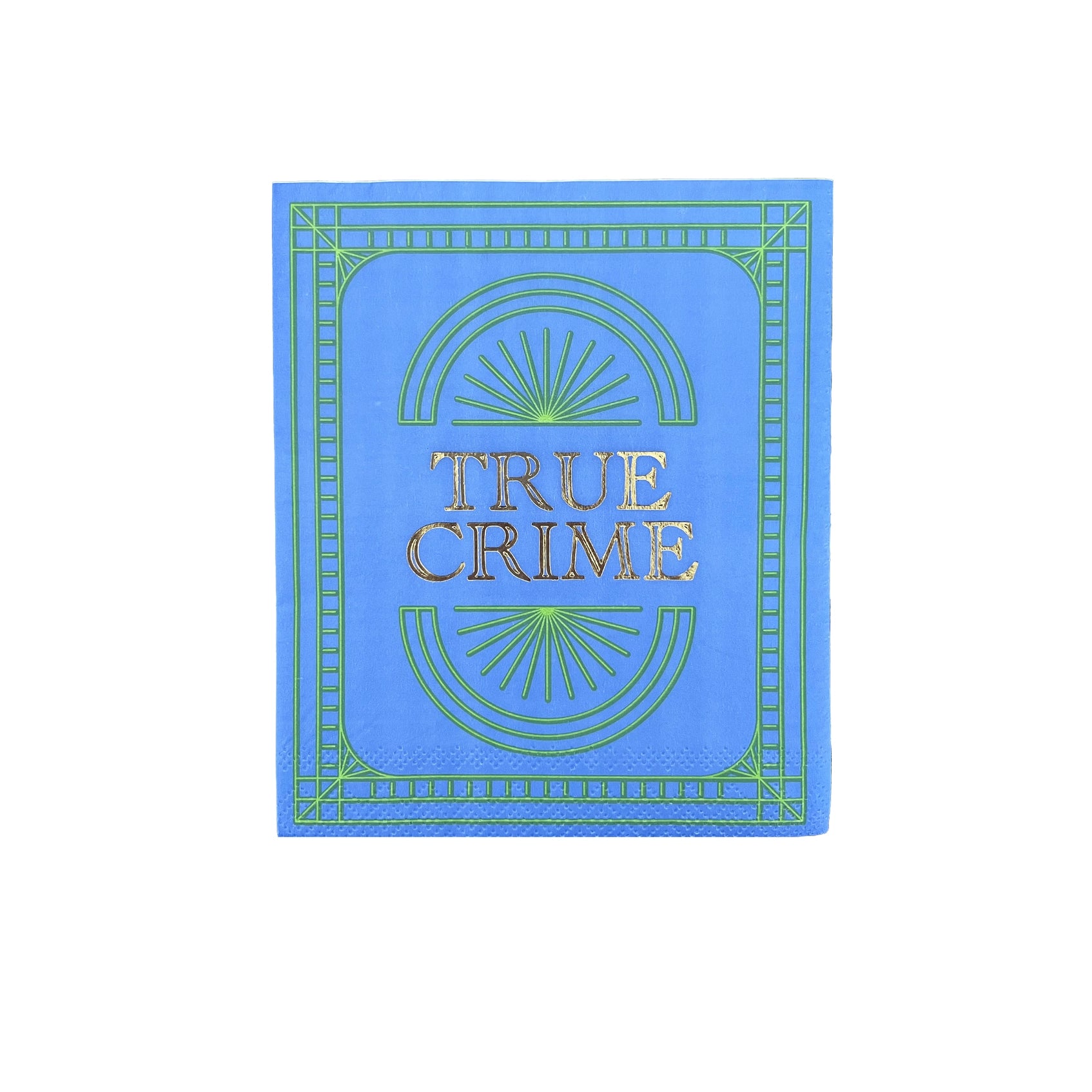 Blue cocktail napkin featuring 'True Crime' in striking gold foil typography.