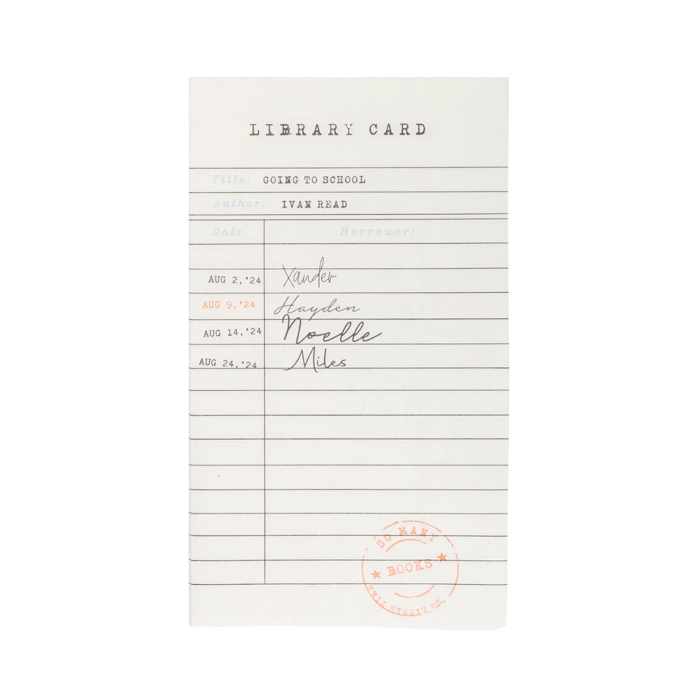Unwrapped dinner napkin printed to look like a vintage library card with names and dates written in script.