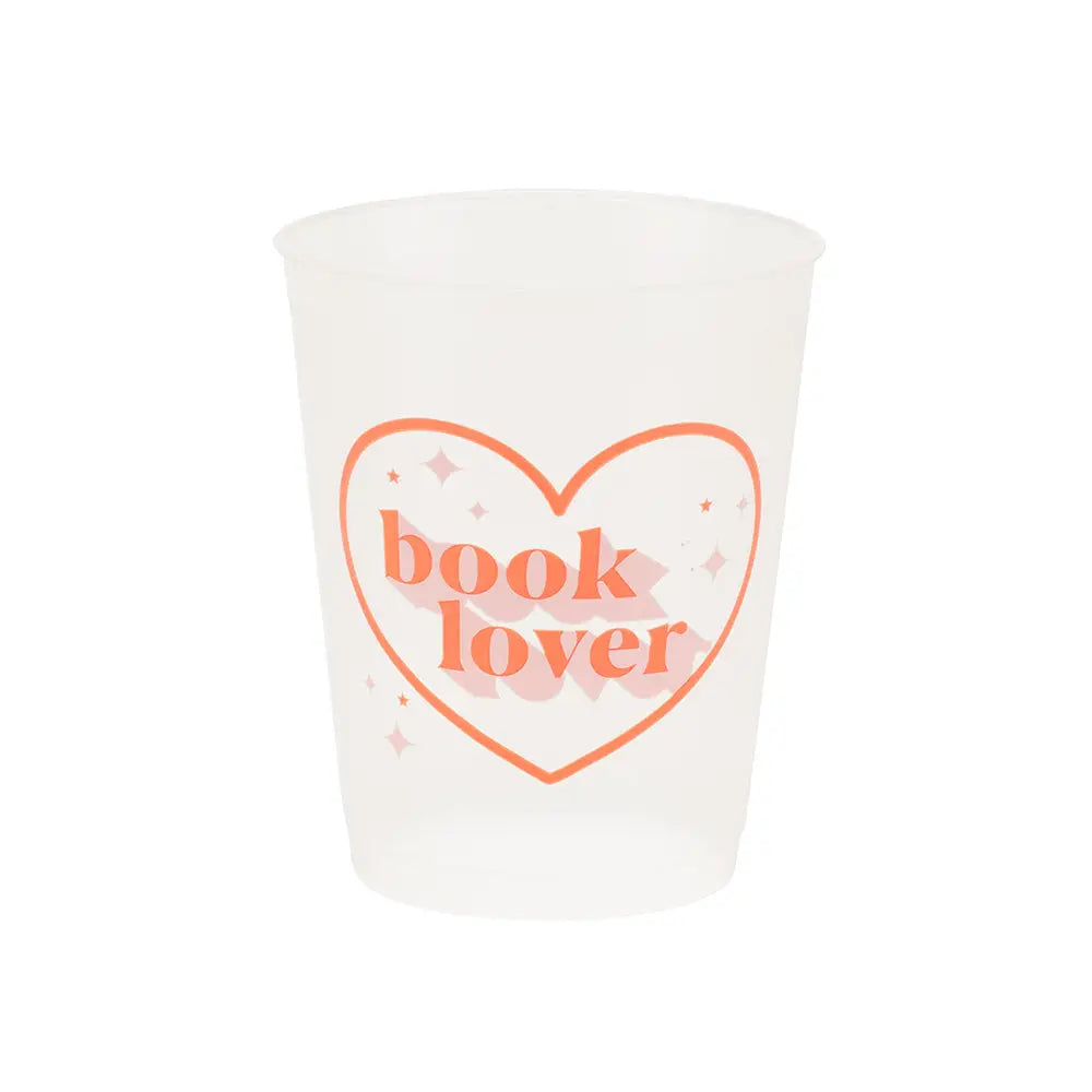 A single translucent flex cup featuring the words "book lover" framed inside a coral-colored heart accented with tiny stars, perfect for book club gatherings.