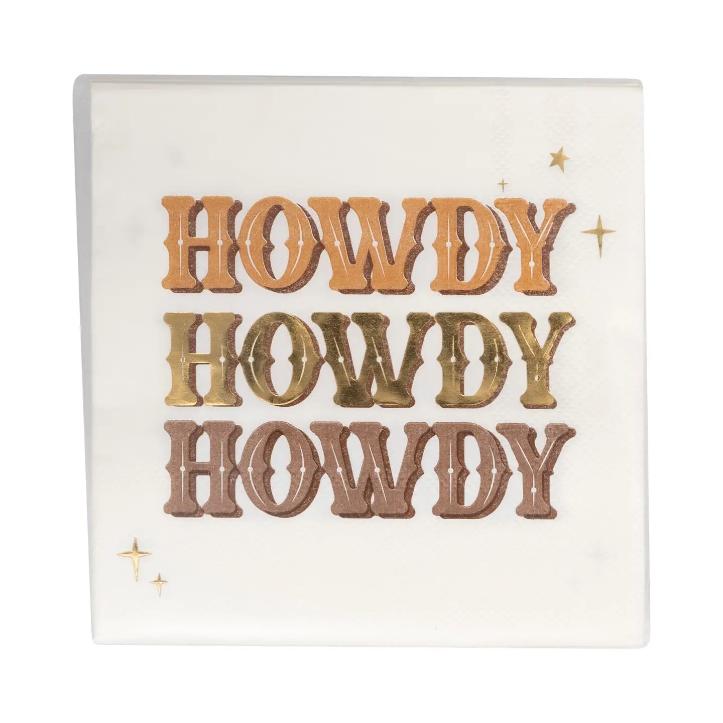 Sealed pack of white napkins featuring three stacked HOWDY words in rust, gold, and brown foil with mini gold stars.