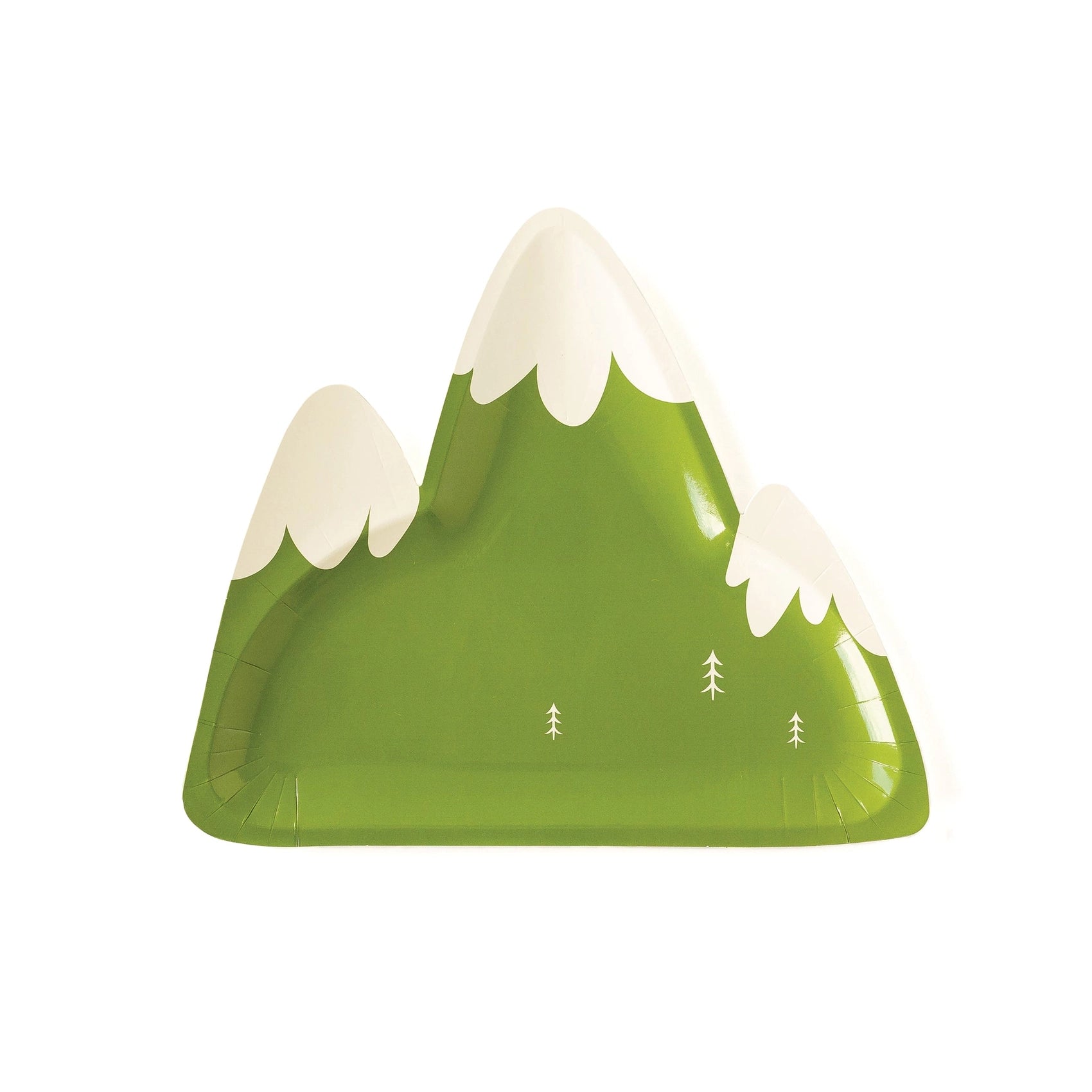 A close-up of a single green paper plate shaped like a mountain with simple tree illustrations and snowy caps.