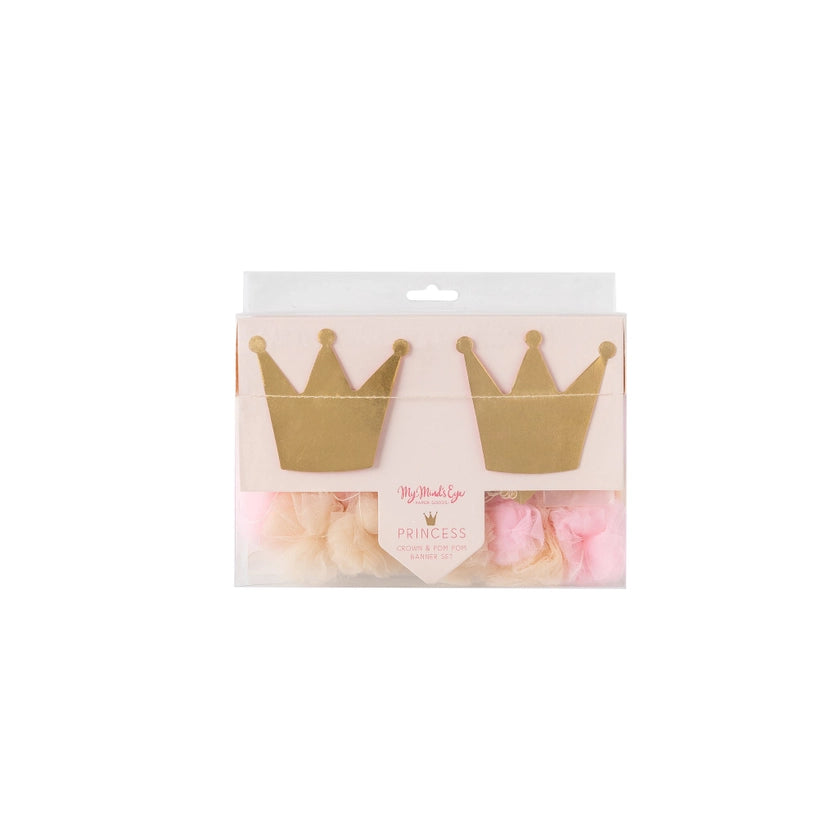 Front of Princess Crown & Pom Pom Banner Set package displaying two gold crowns and bundled pastel tulle balls behind clear window.