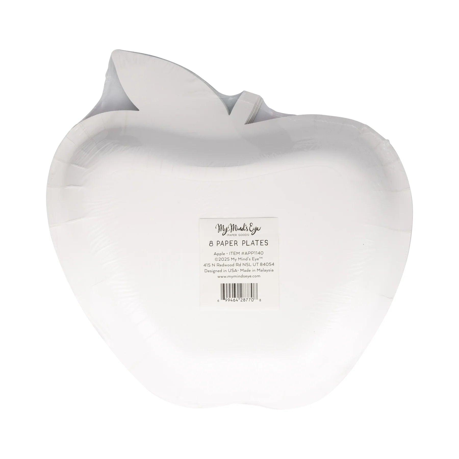 Back of apple-shaped paper plate packaging showing barcode and item details.