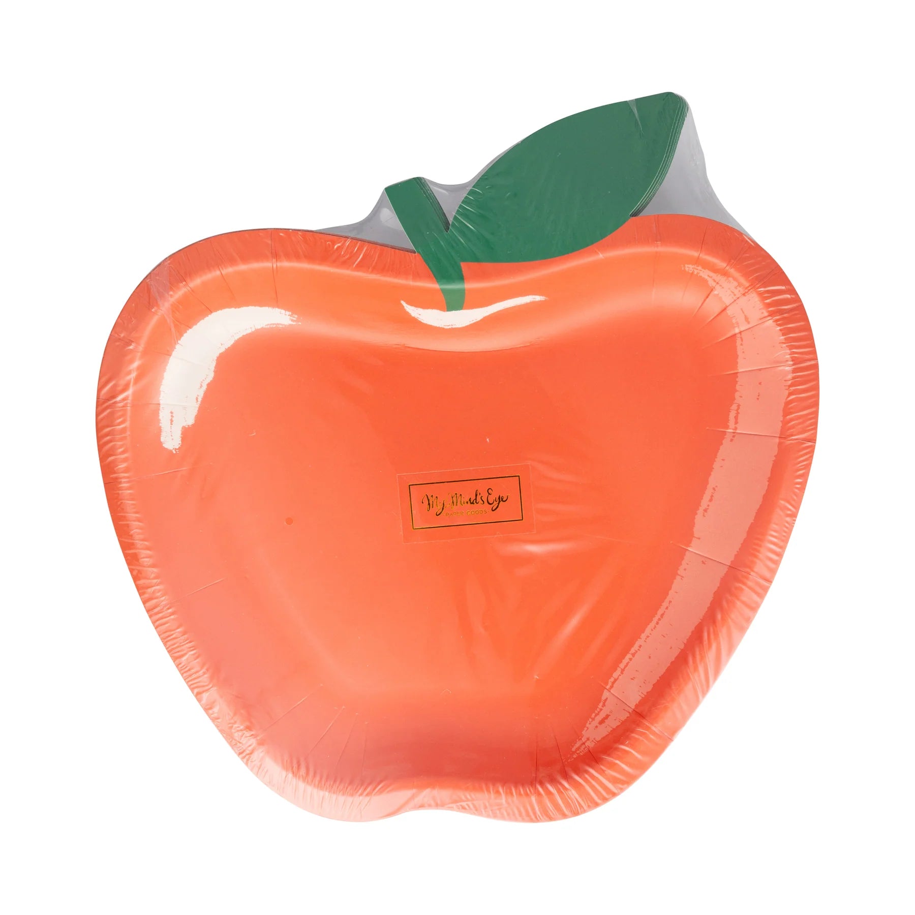 Front of apple-shaped paper plate package featuring bright red plates with green leaf detail.