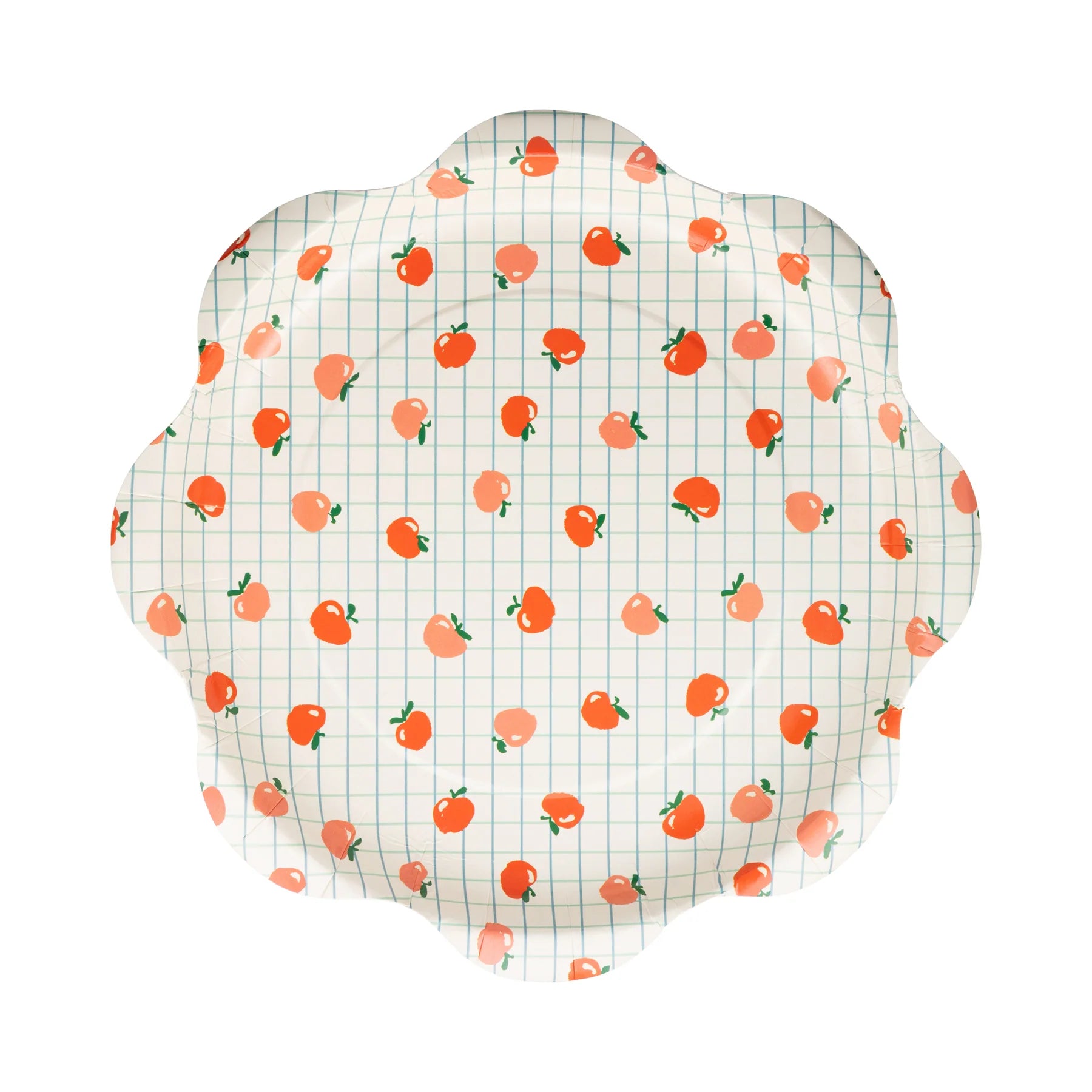 Scalloped edge apple pattern paper plate unwrapped, placed on a white background for product detail view.