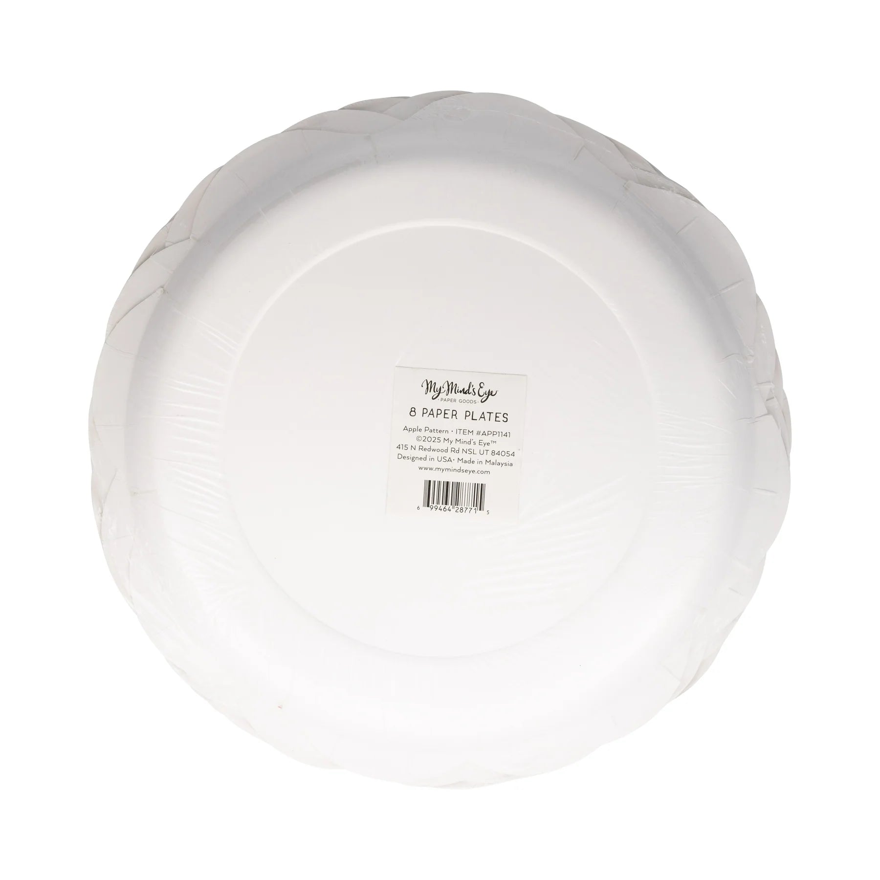Back label view of Apple Pattern Paper Plates, package of 8, sealed in clear wrap with My Mind’s Eye branding.