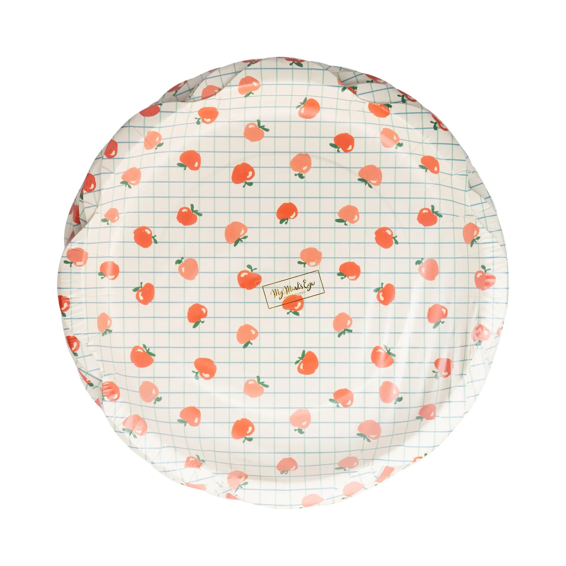 Front of the apple pattern plate showing red apples on a light green grid background, sealed in packaging.