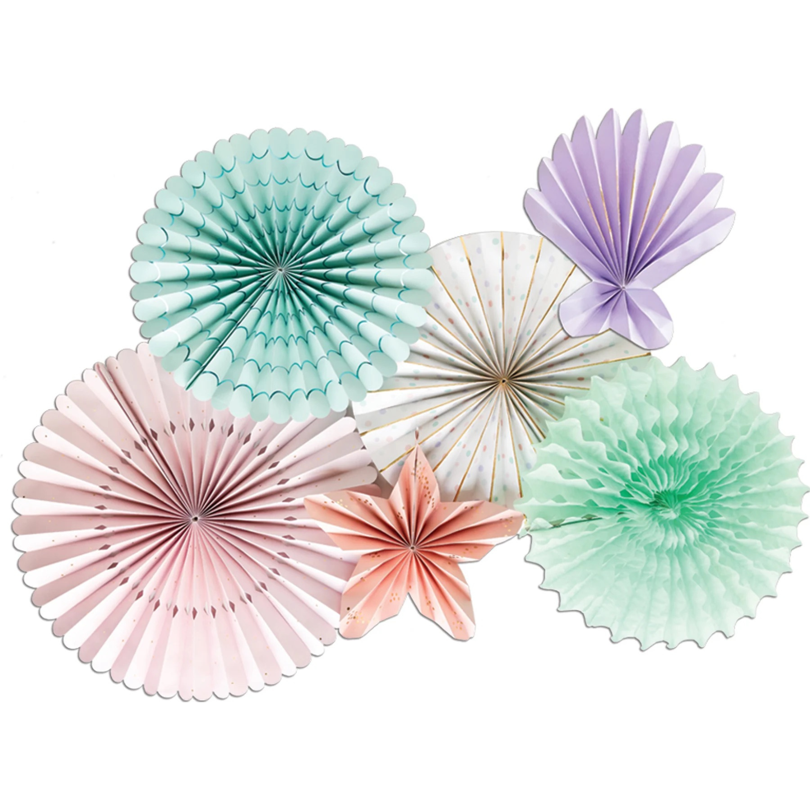 Close-up of pastel-colored paper fans, scallop shells, and balloon garlands styled on a golden arch backdrop for a mermaid-themed birthday.