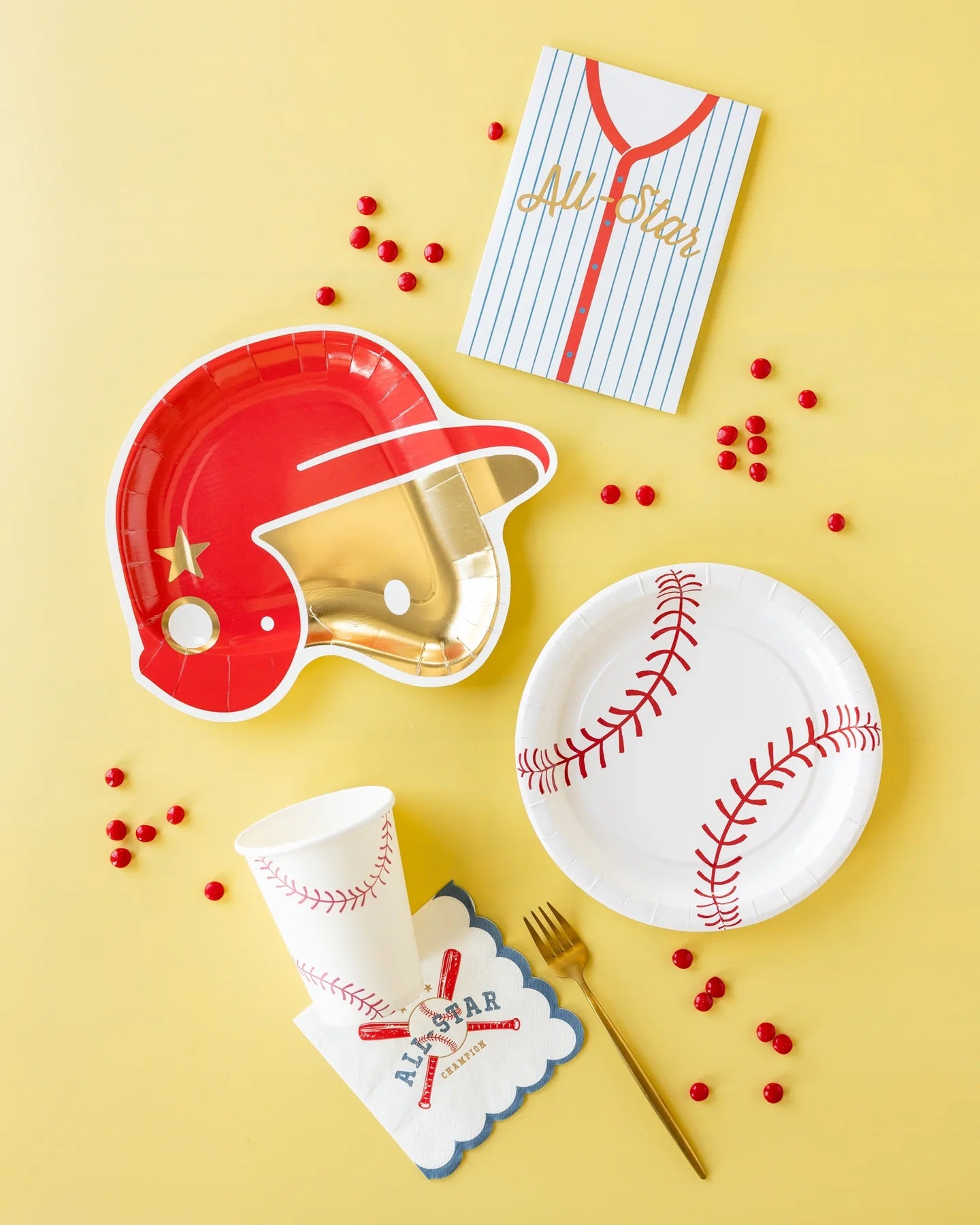 tack of white baseball-themed cocktail napkins featuring crossed bats, baseball, and 'All Star Champion' in trendy blue and red lettering.