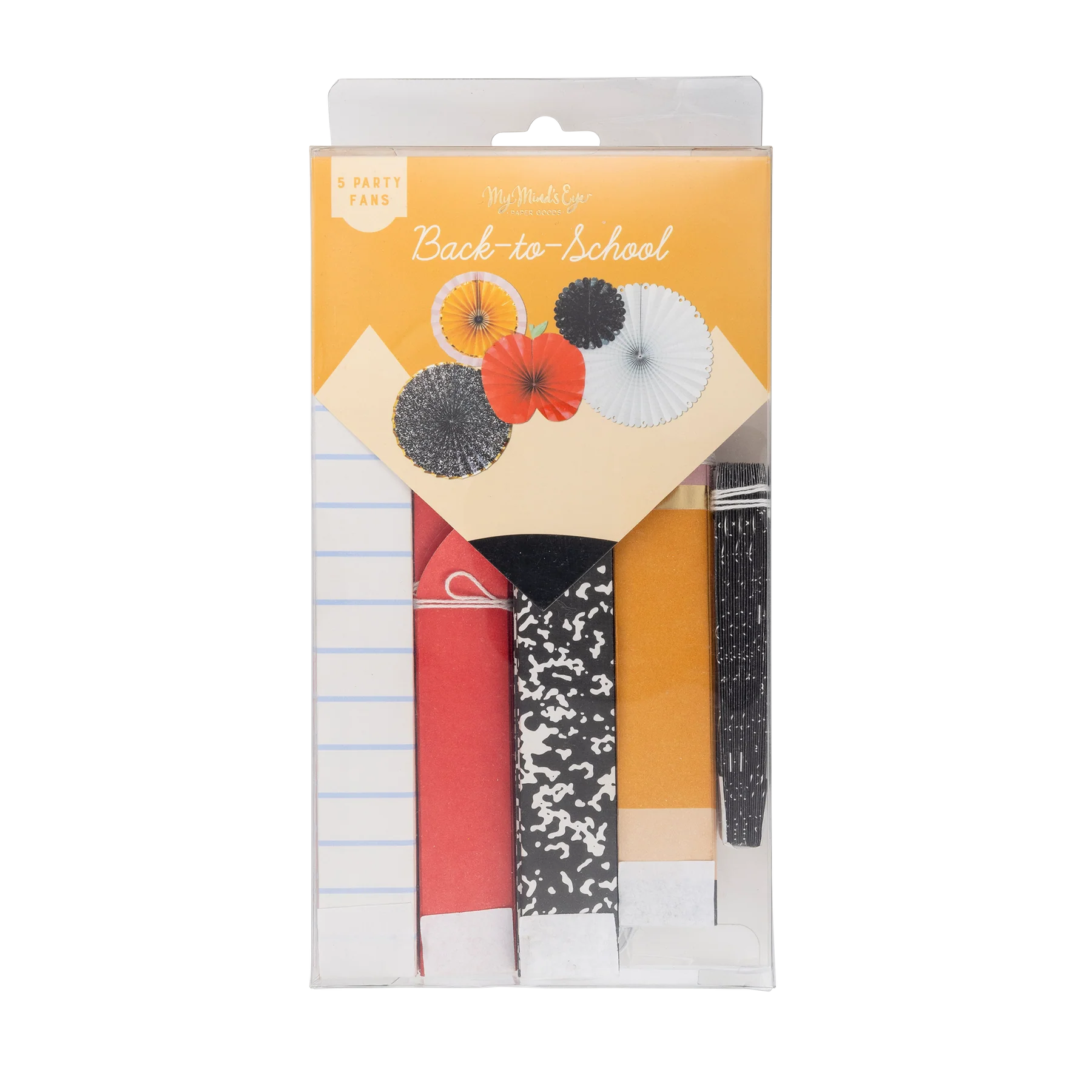 Retail packaging of My Mind’s Eye Back-to-School Party Fans, showing folded fans in a clear plastic box with an orange and yellow label.