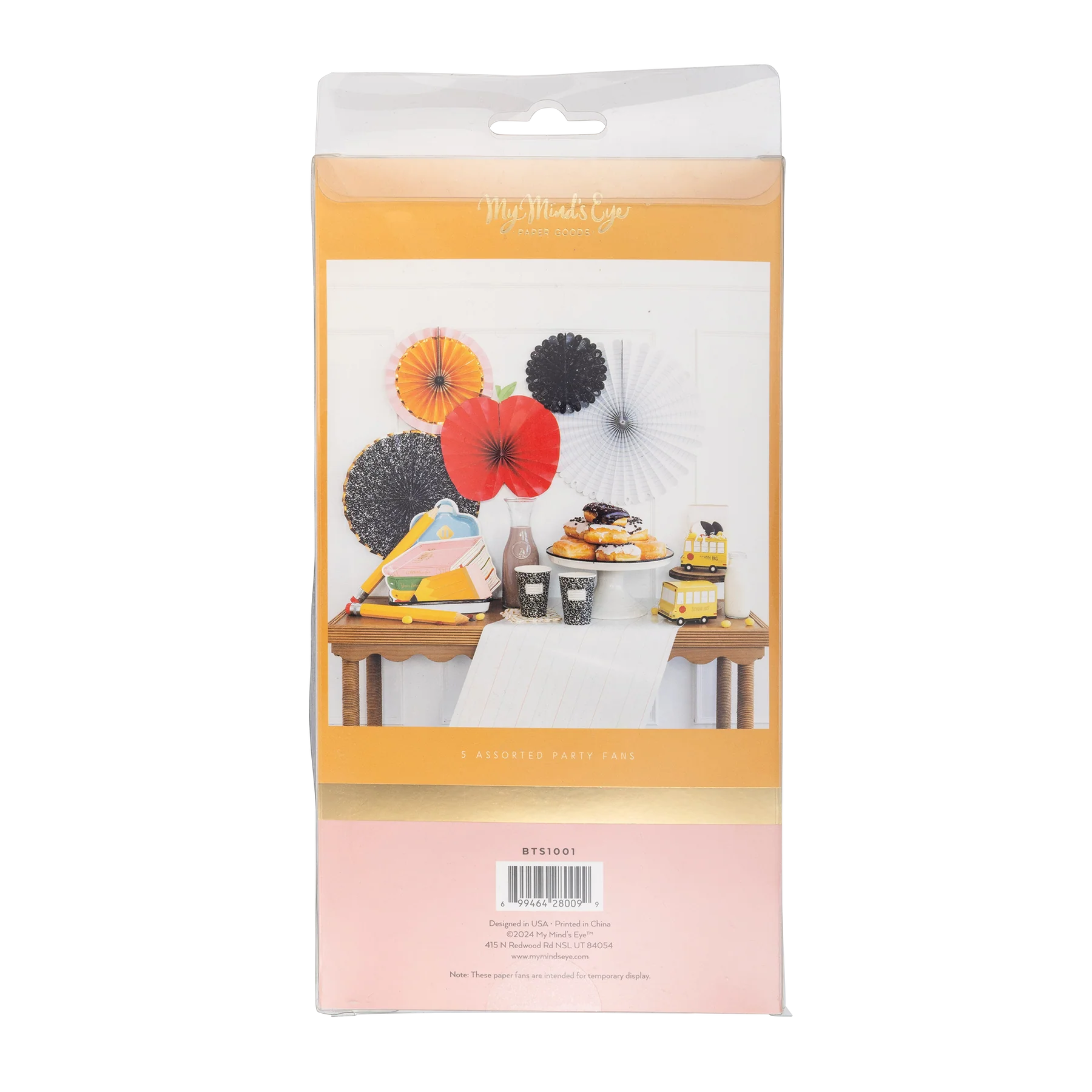 Back side of the packaging for My Mind’s Eye Back-to-School Party Fans showing product setup on a dessert table and barcode details.