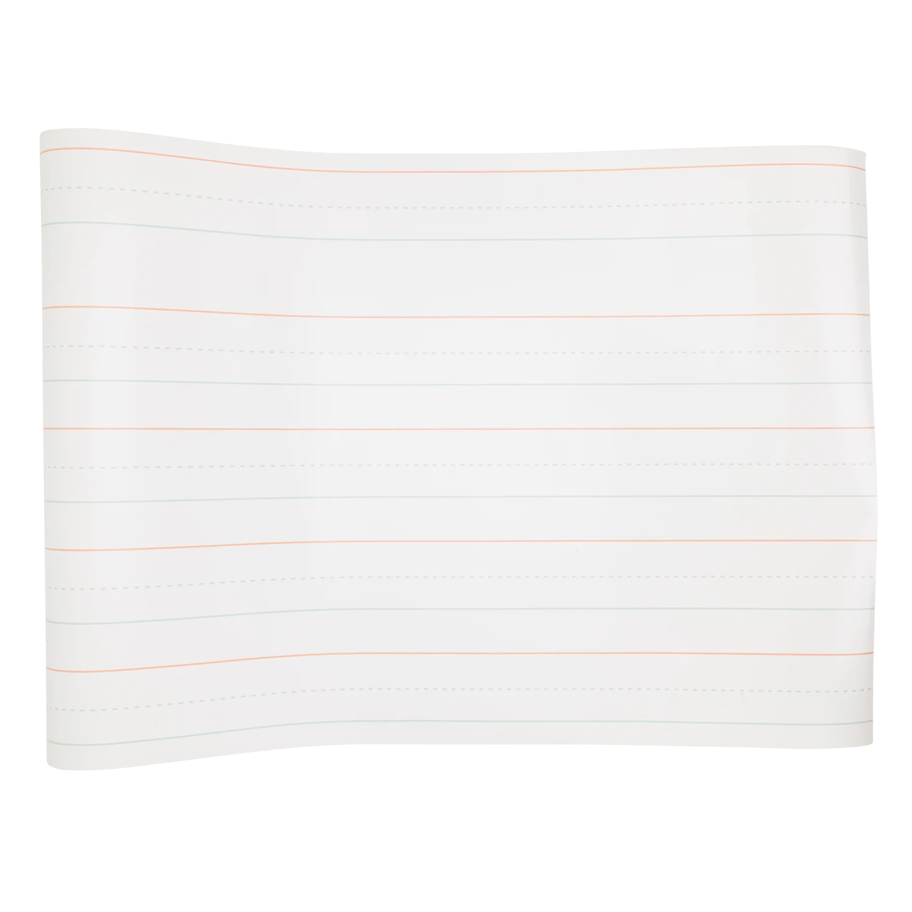 Flat lay of the unrolled paper table runner showing classic red and blue handwriting lines