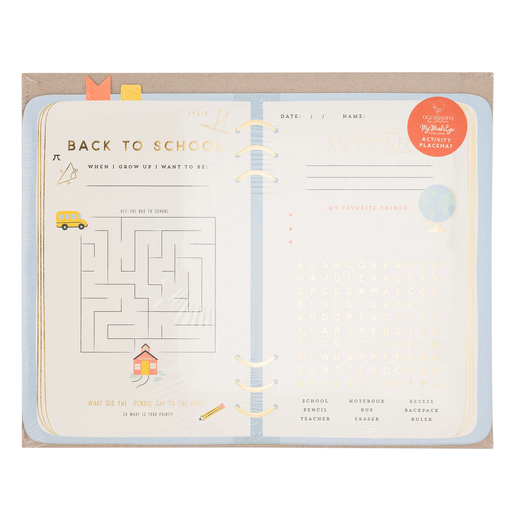 Front view of the placemat set with visible activities like maze, word search, and goal writing.