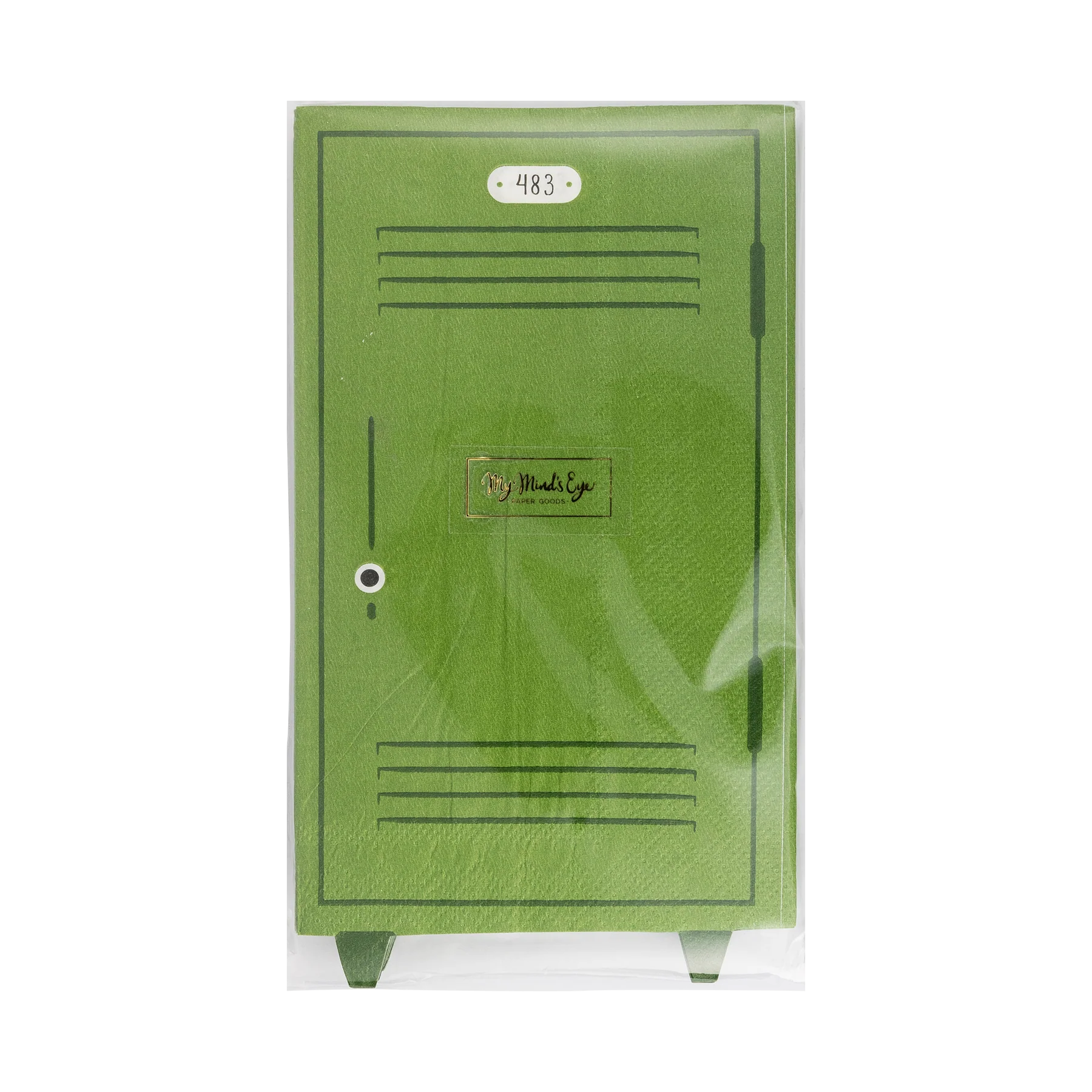 Front view of the locker-shaped napkins showing the My Mind’s Eye logo and locker number detail.