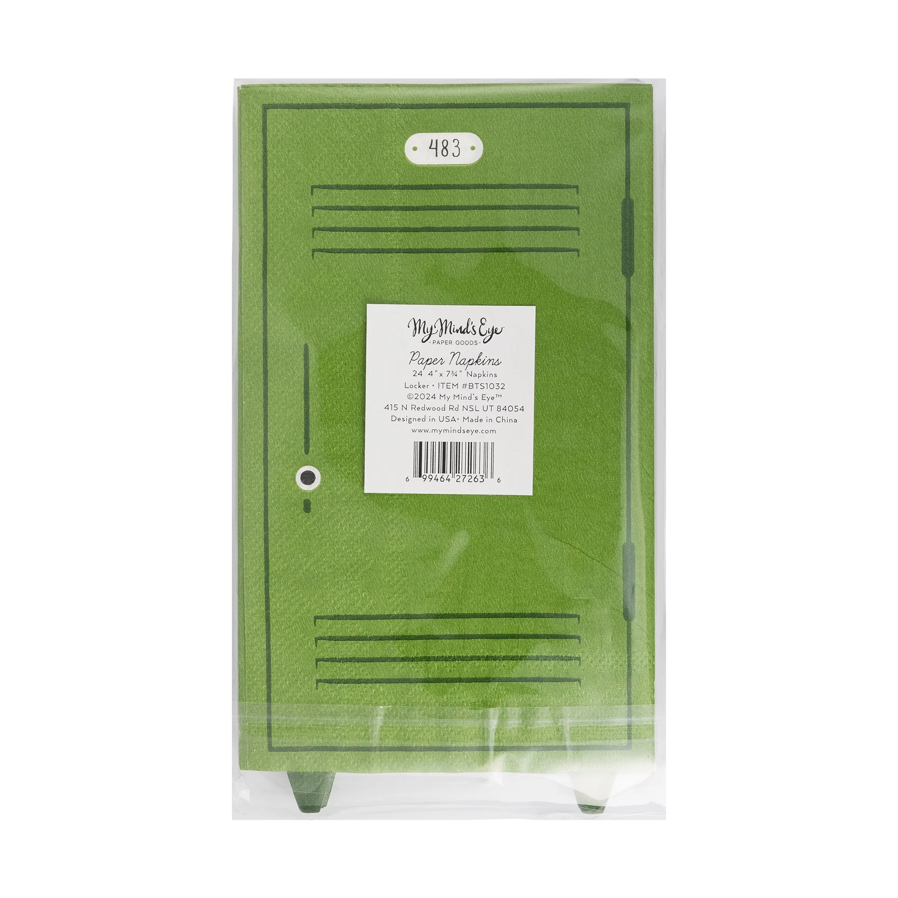 Back of the Back to School Green Locker Shaped Napkin pack with product label visible.