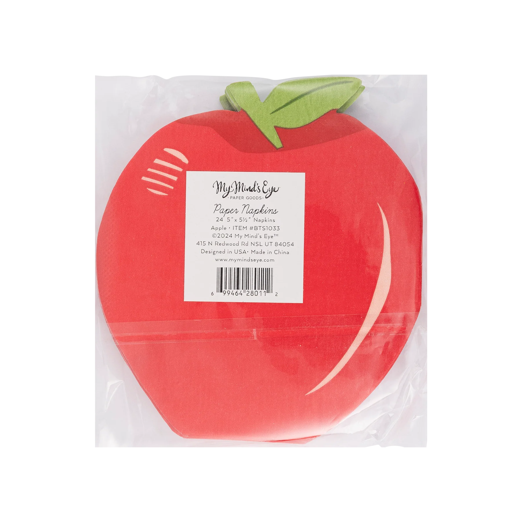 Apple-shaped napkins in clear packaging with product label showing quantity and dimensions.