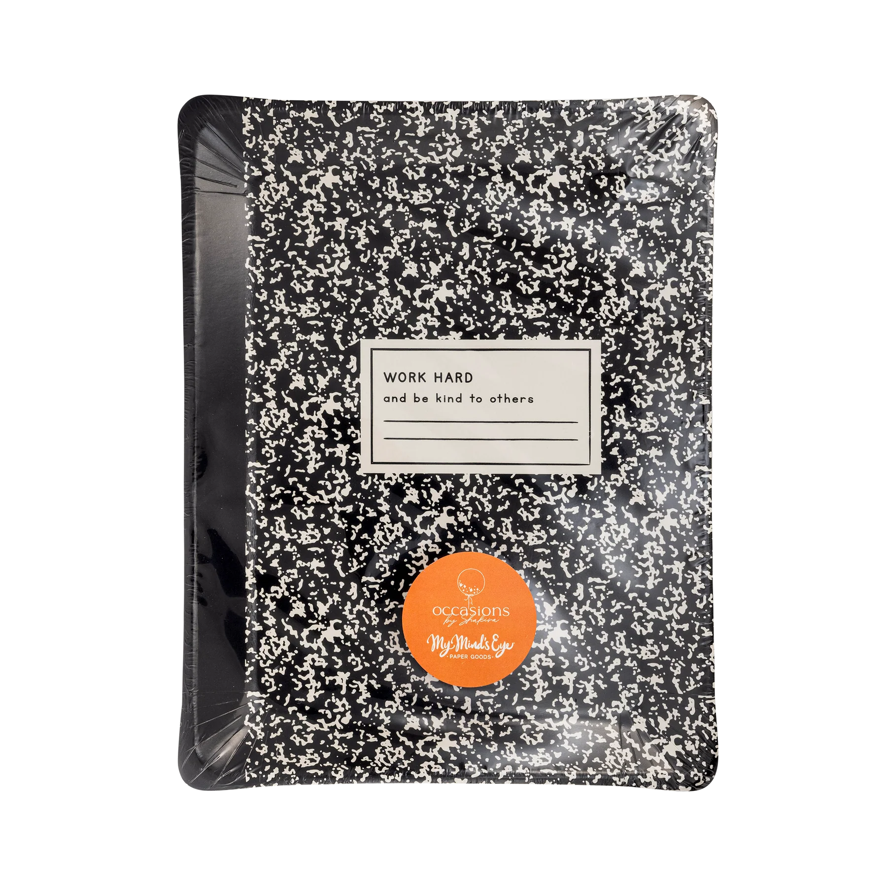 Front of plate set showing black-and-white notebook design with message "Work Hard and be kind to others"