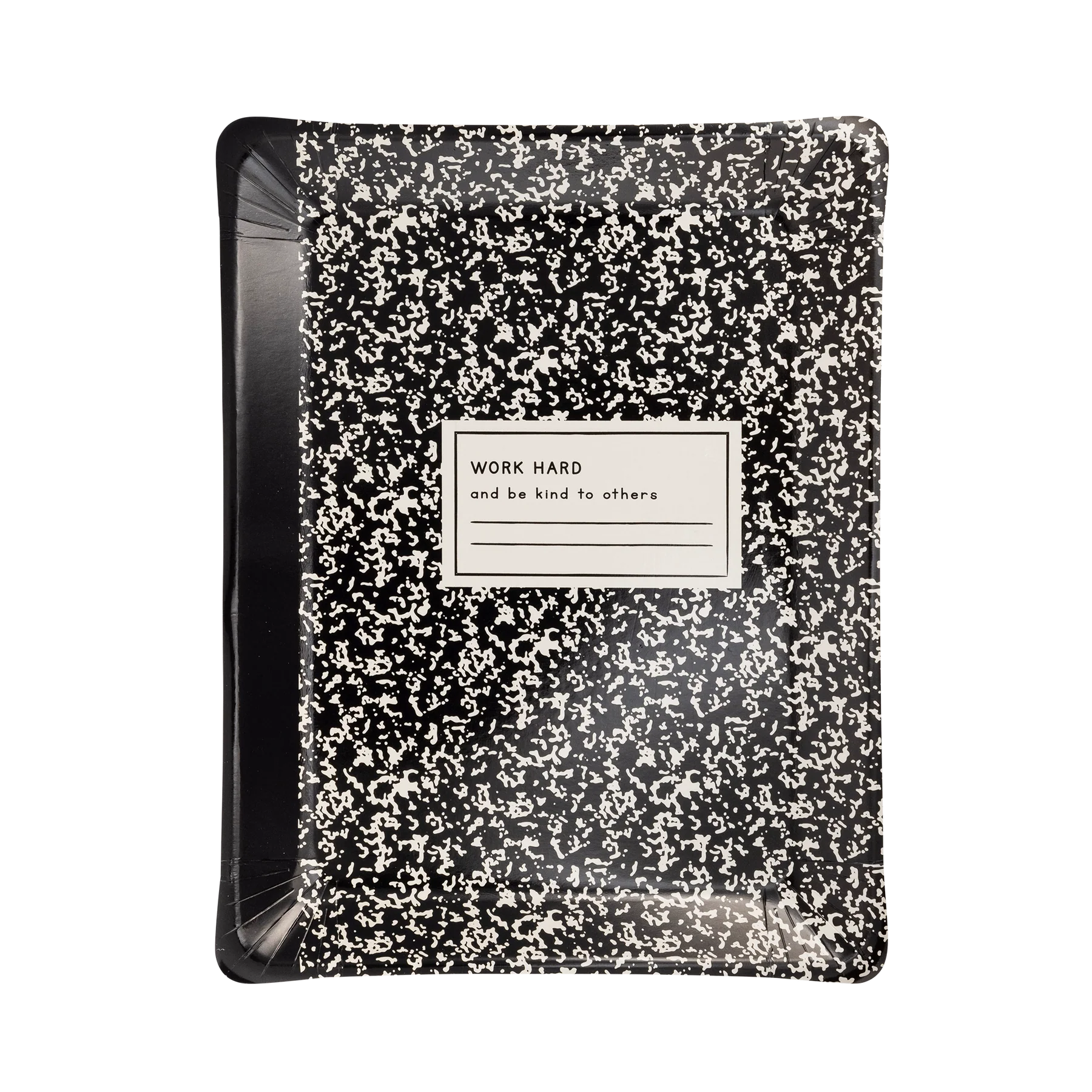 Close-up front view of notebook-shaped plate showing its textured black-and-white cover look