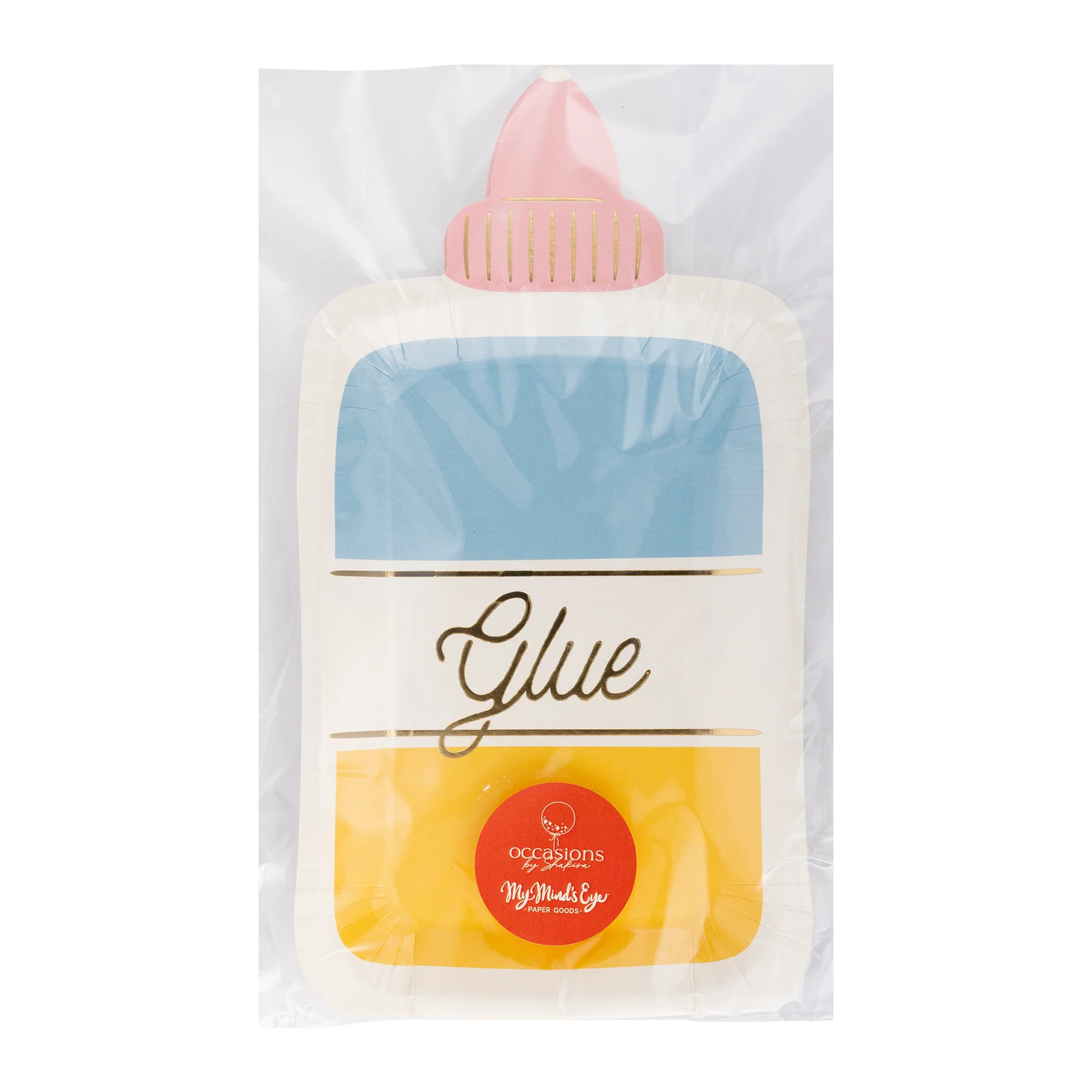 Back view of glue bottle-shaped plates in packaging, showcasing the colorful glue bottle design.