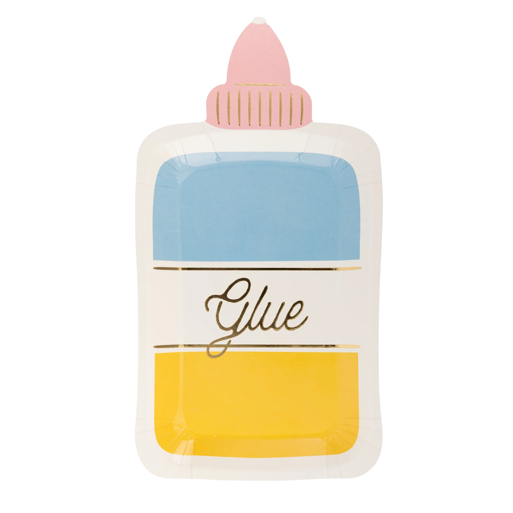 Single glue bottle-shaped paper plate with pastel blue, yellow, and pink design against white background.