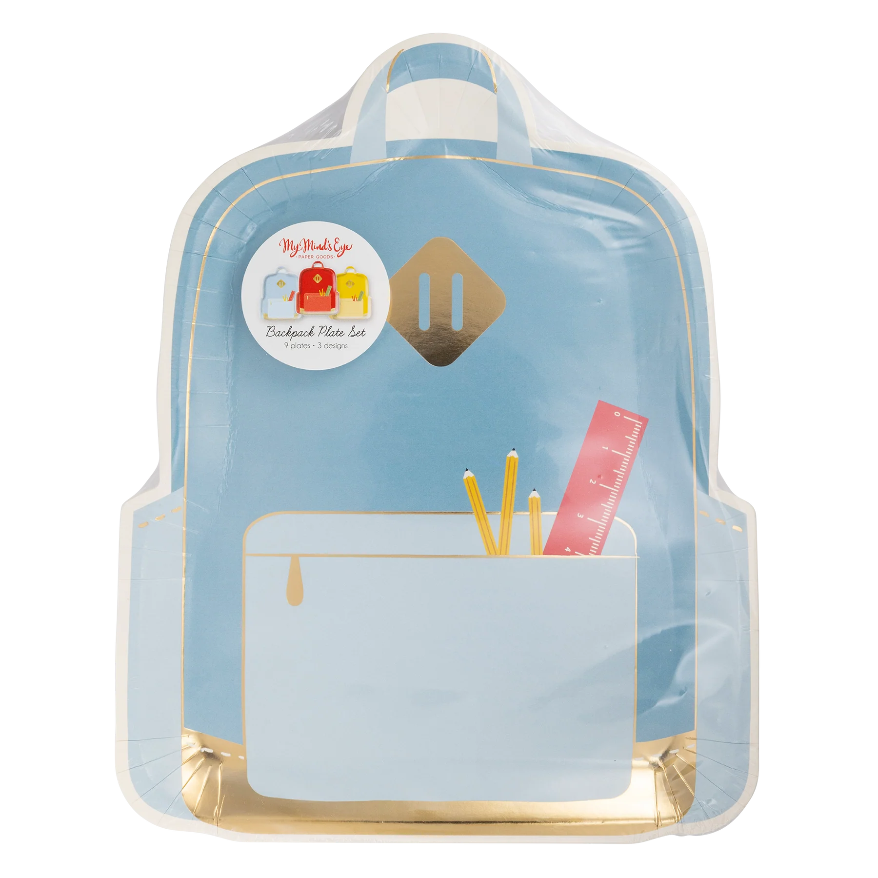 Blue backpack plate in retail packaging with round sticker label showing all three colors included