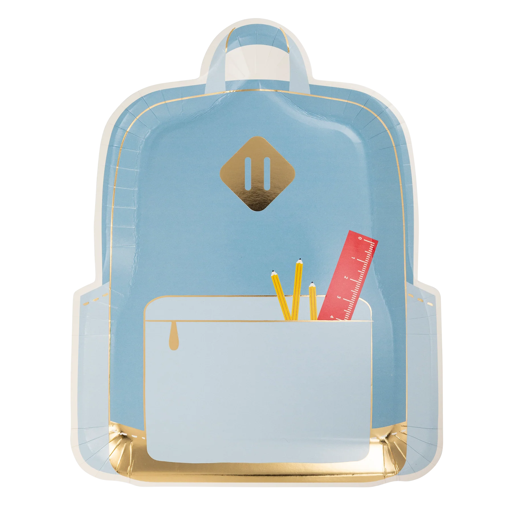 Light blue backpack-shaped paper plate featuring pencil and ruler prints with gold trim
