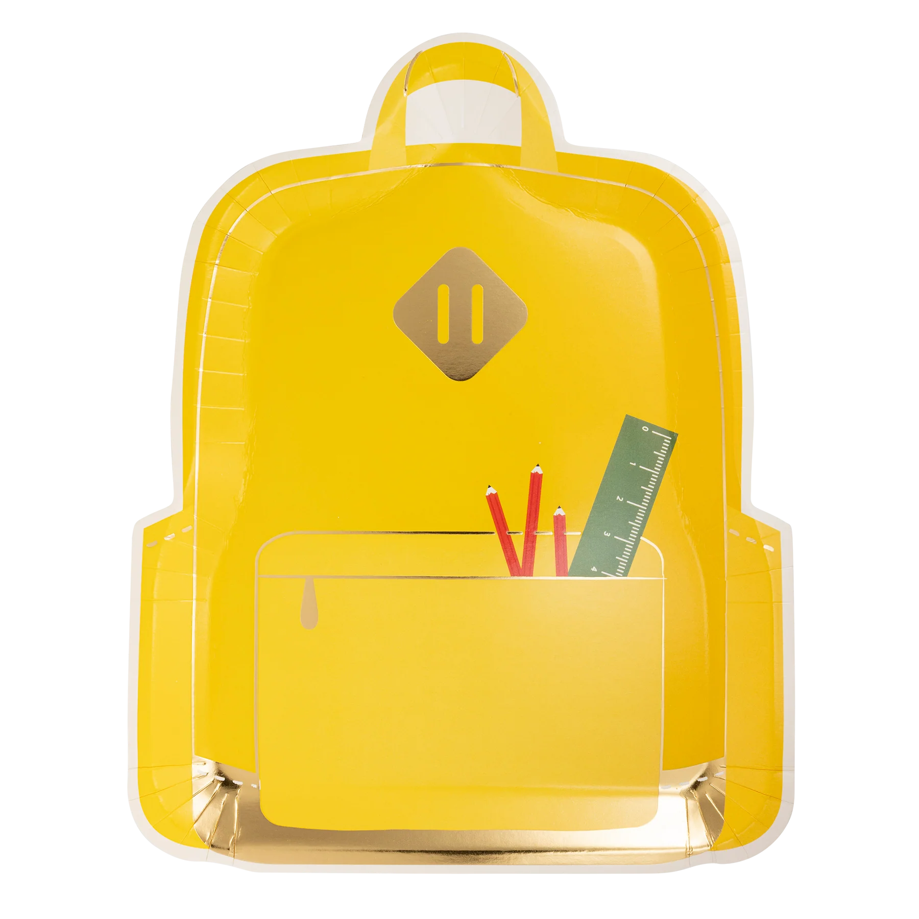 Yellow backpack-shaped paper plate with pocket detail holding printed pencils and a ruler