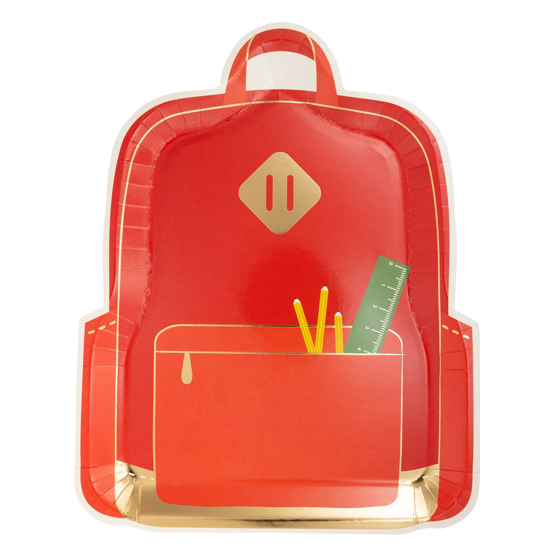 Bright red paper plate shaped like a school backpack with gold accents and pocket print including pencils and ruler