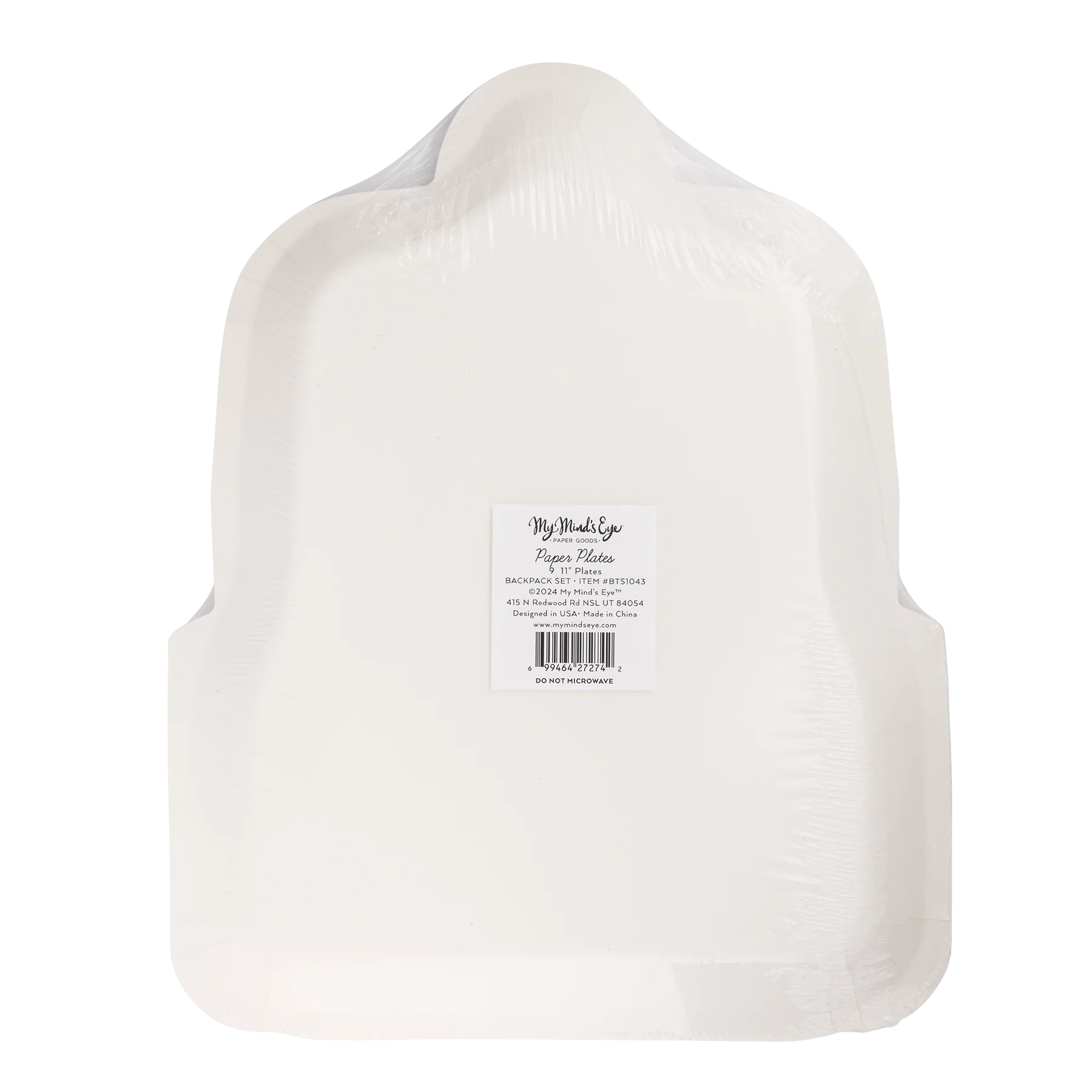 Stack of white paper plates shaped like backpacks, still in packaging, backside showing barcode label