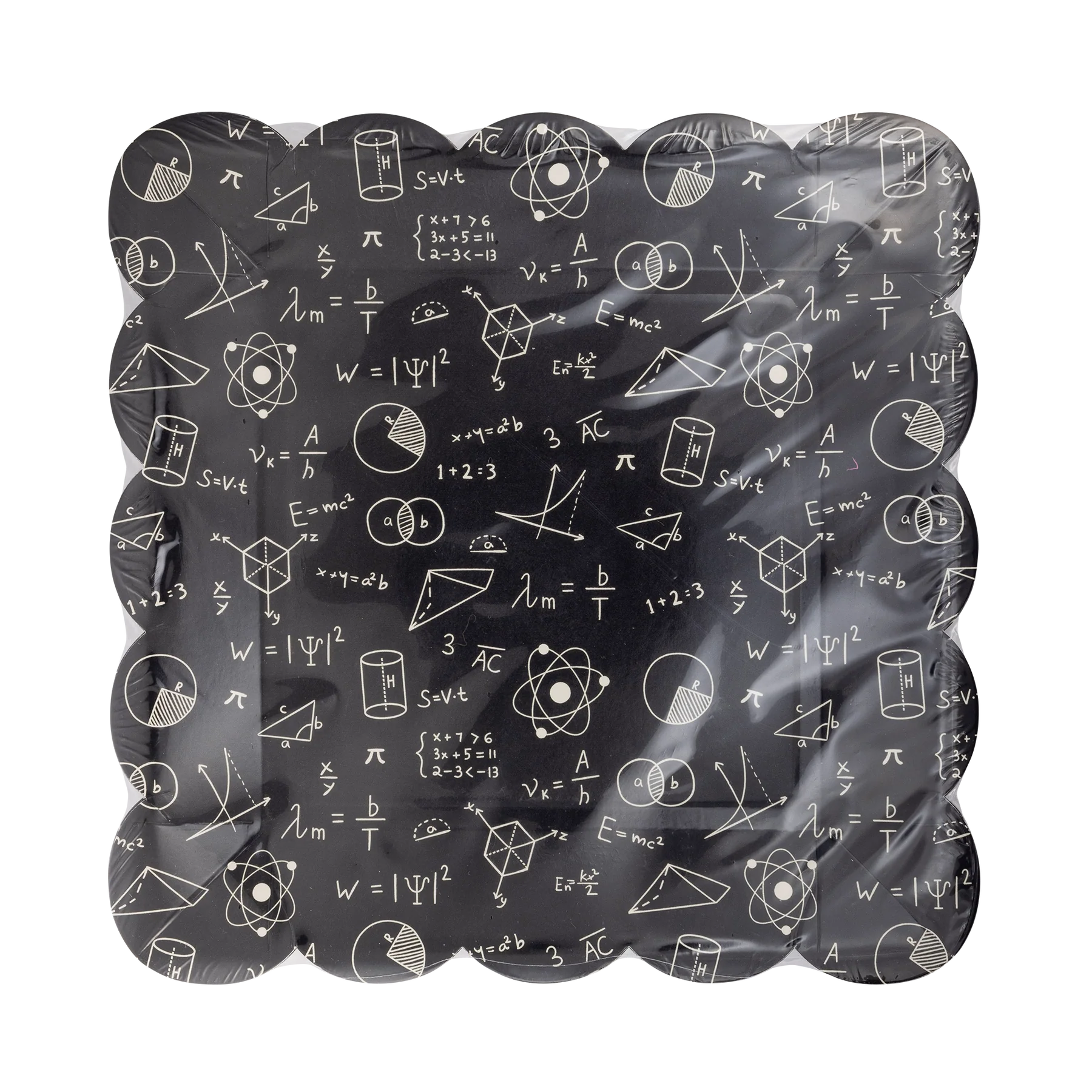 Close-up of the black paper plate featuring white math and science illustrations with scalloped edges.