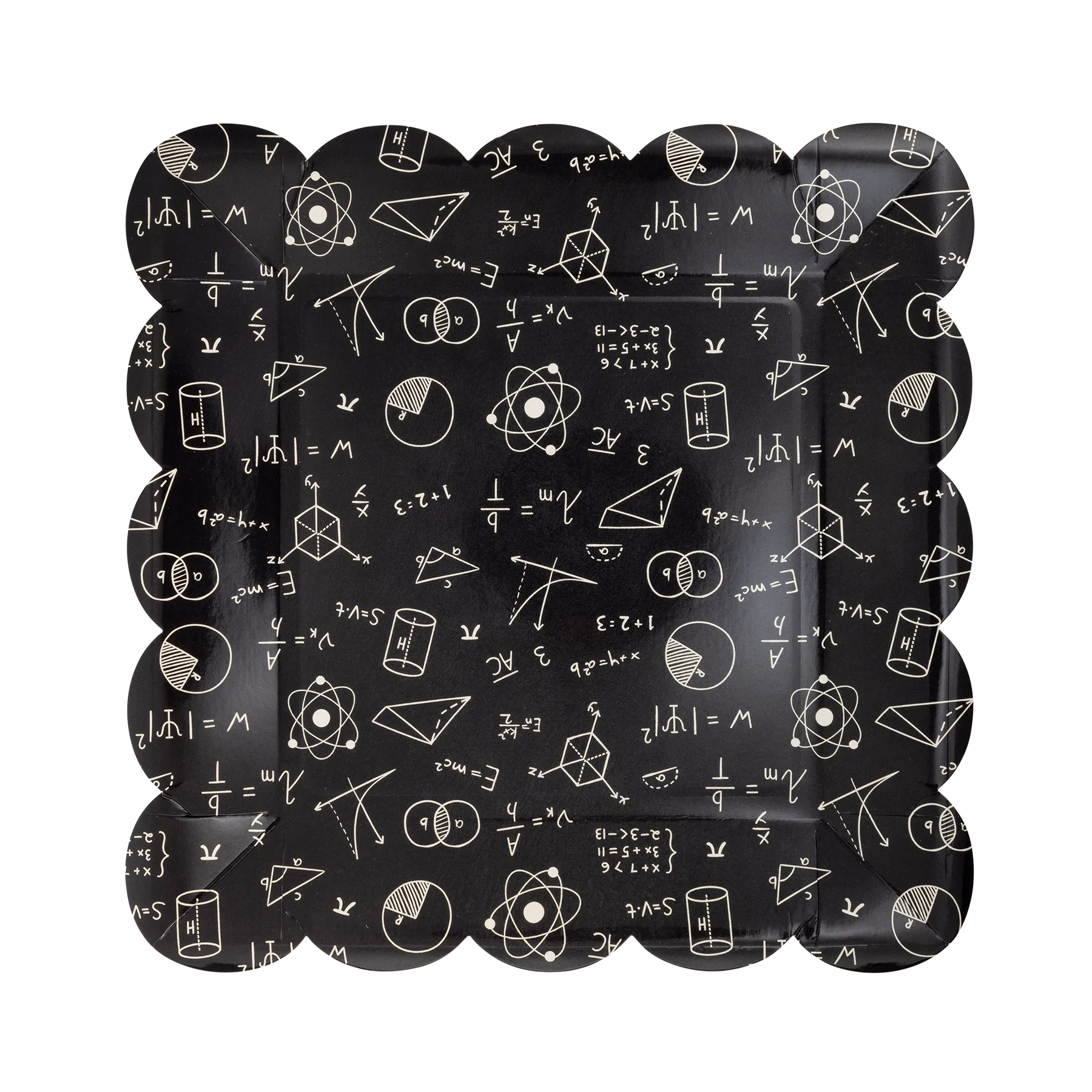 Top-down image of the black STEM-themed paper plate with white equations and symbols, ideal for back to school decorations.