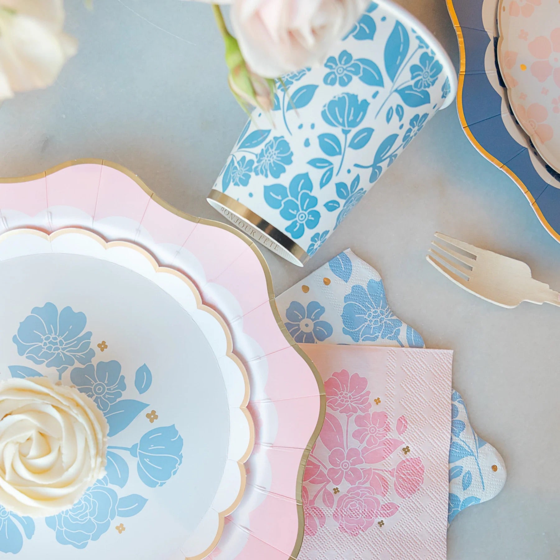 Blue floral paper napkins on a Spring table setting