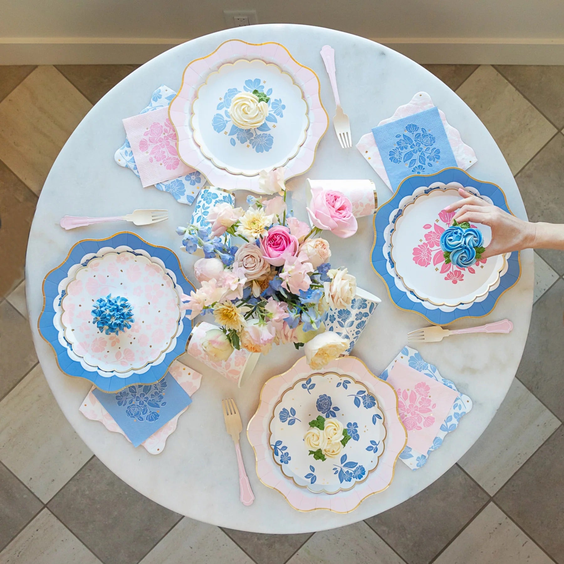 Blue floral paper napkins on a Spring table setting