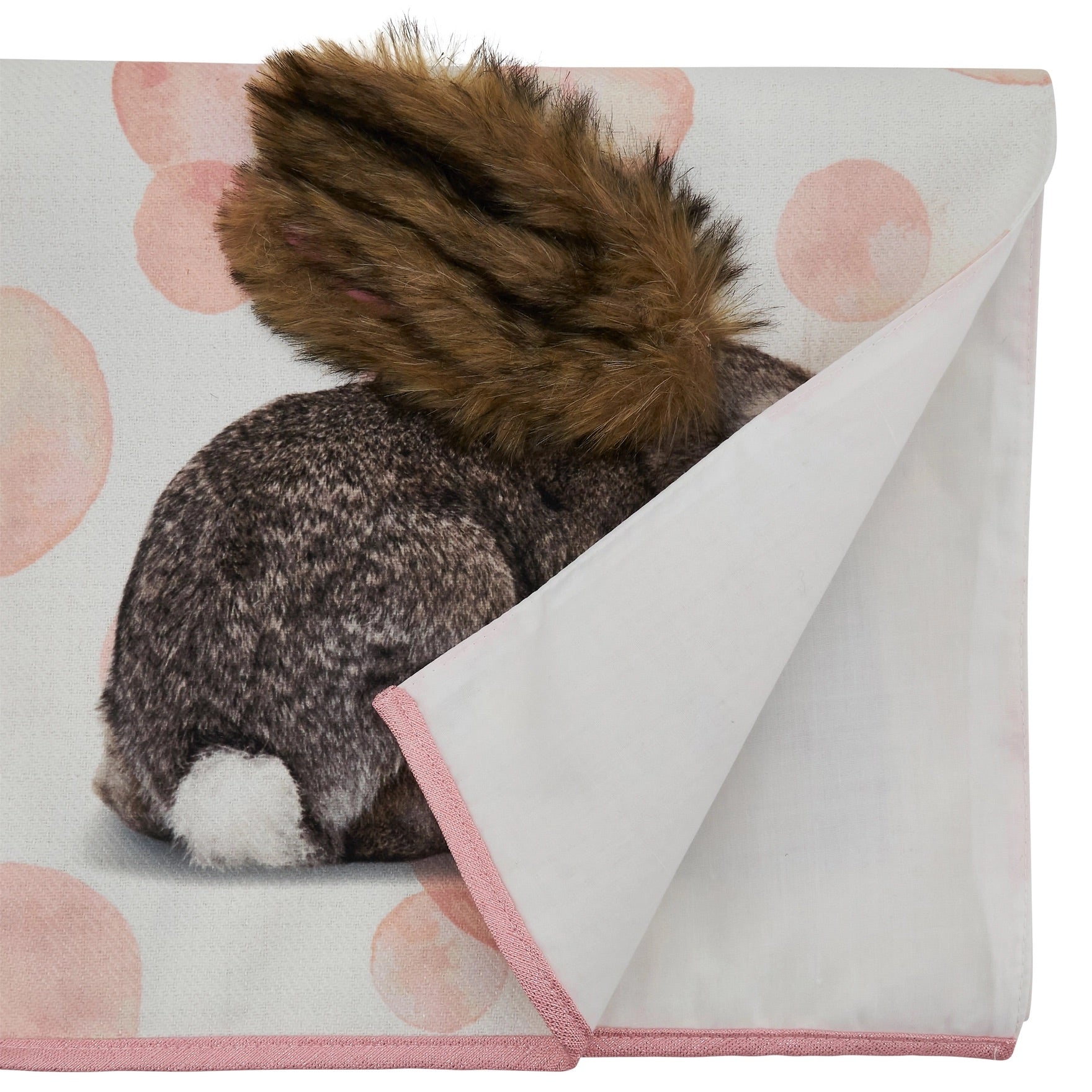 Easter table runner featuring pink polka dots and Easter Bunny design.