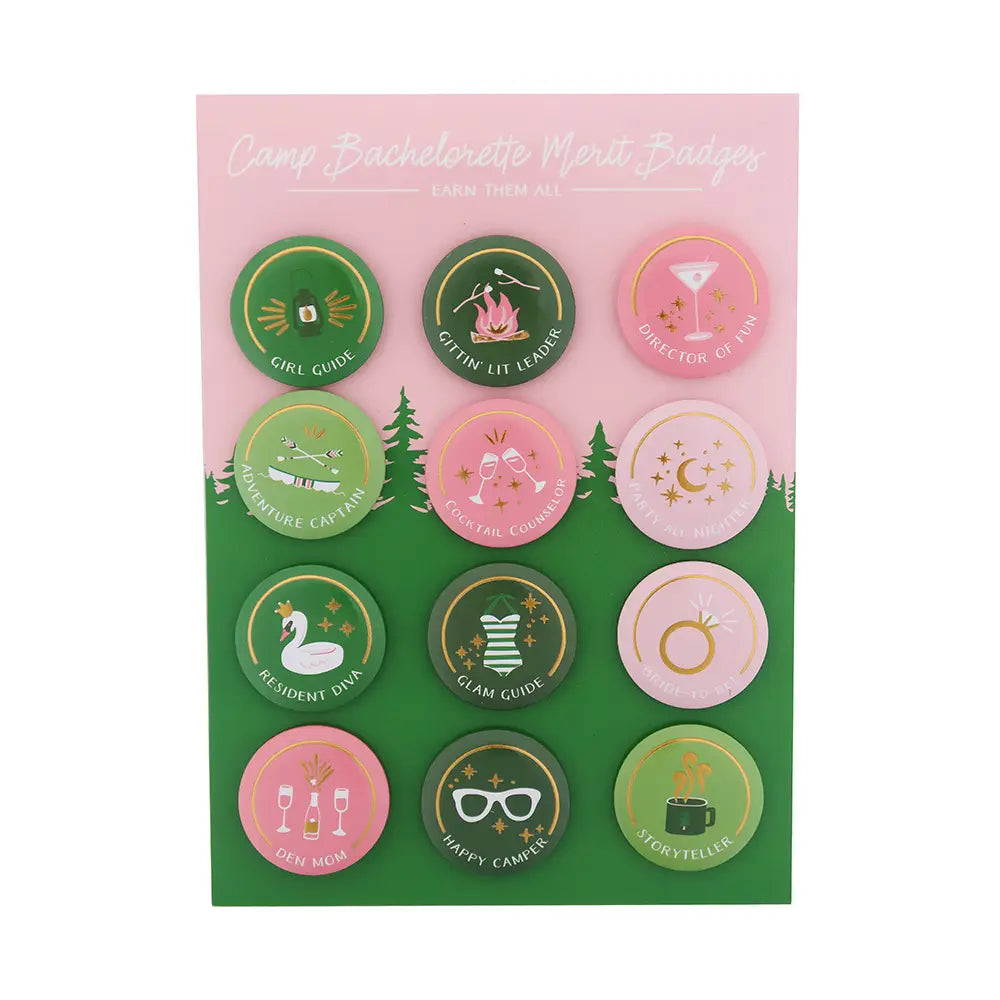 Set of 12 playful "Camp Bachelorette" merit badges on a pink and green backing card, with titles like “Happy Camper,” “Adventure Captain,” and “Bride to Be”—perfect for fun camp bachelorette ideas.