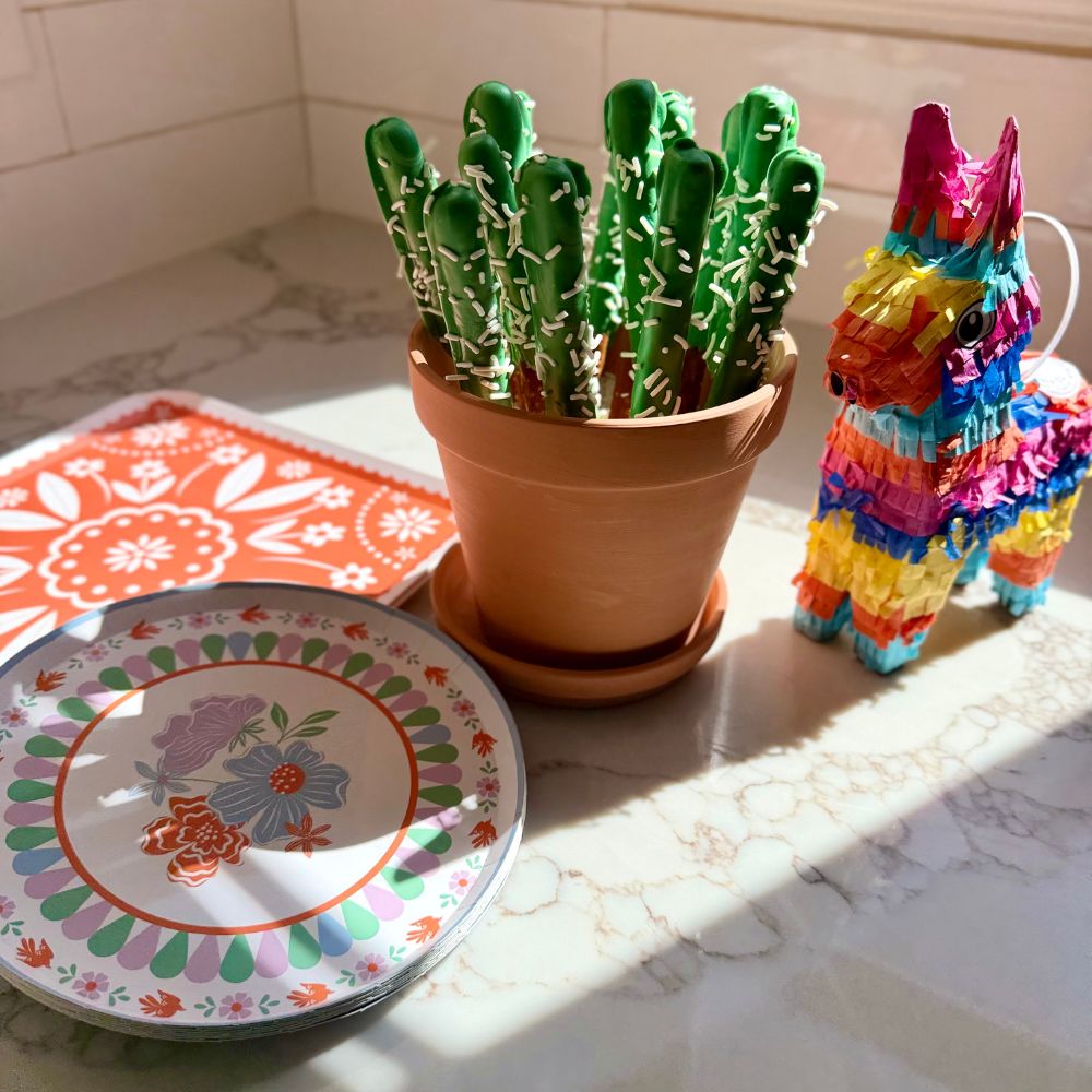 Cinco de Mayo party supplies with small pinata decor and cactus treat