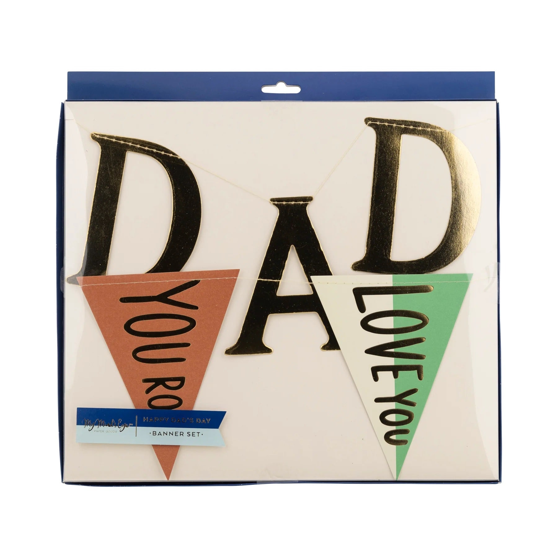 A packaged Father's Day banner set featuring gold foil lettering and colorful pennants.