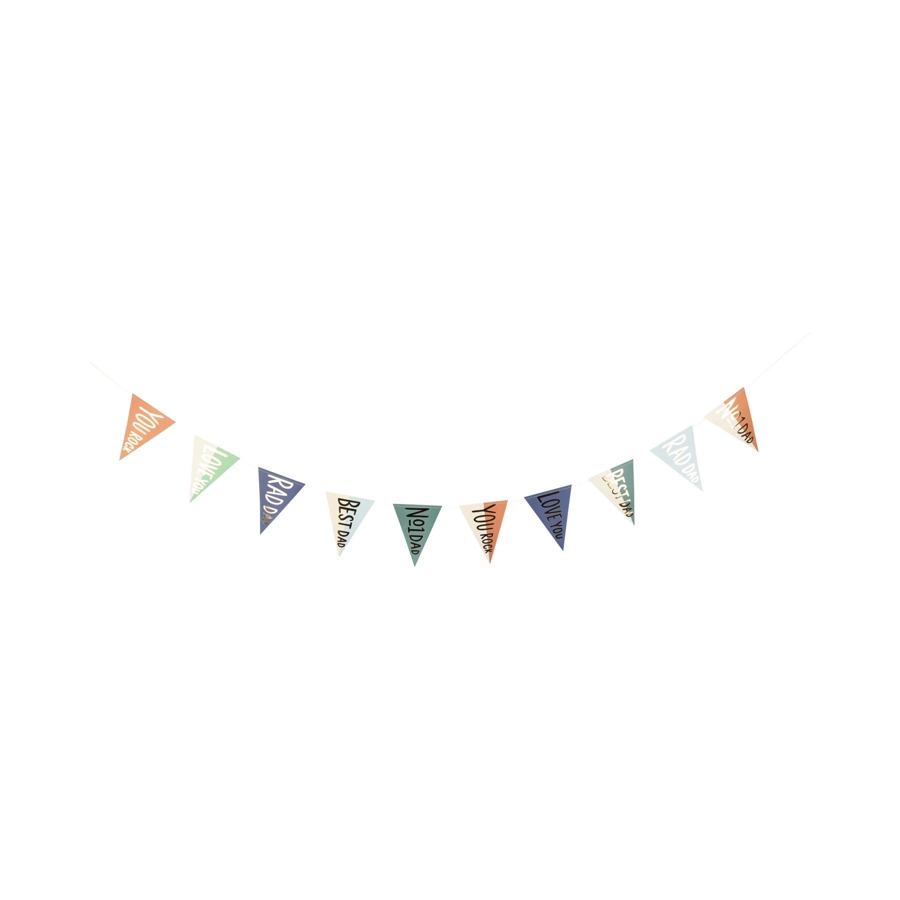 A string of colorful triangle pennants with phrases like "Rad Dad," "You Rock," and "Best Dad."
