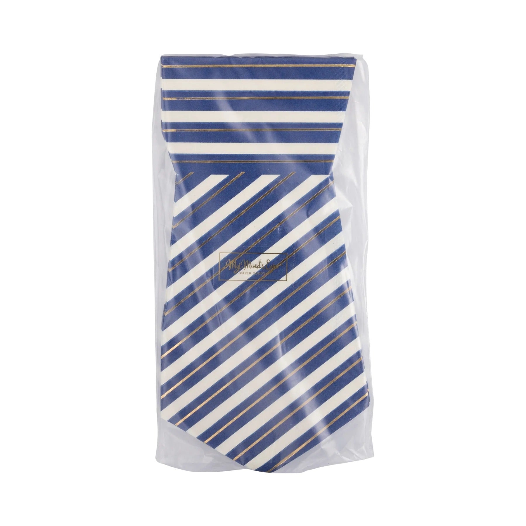 Front view of tie-shaped paper napkins in clear packaging, featuring navy blue and white stripes with gold foil details.