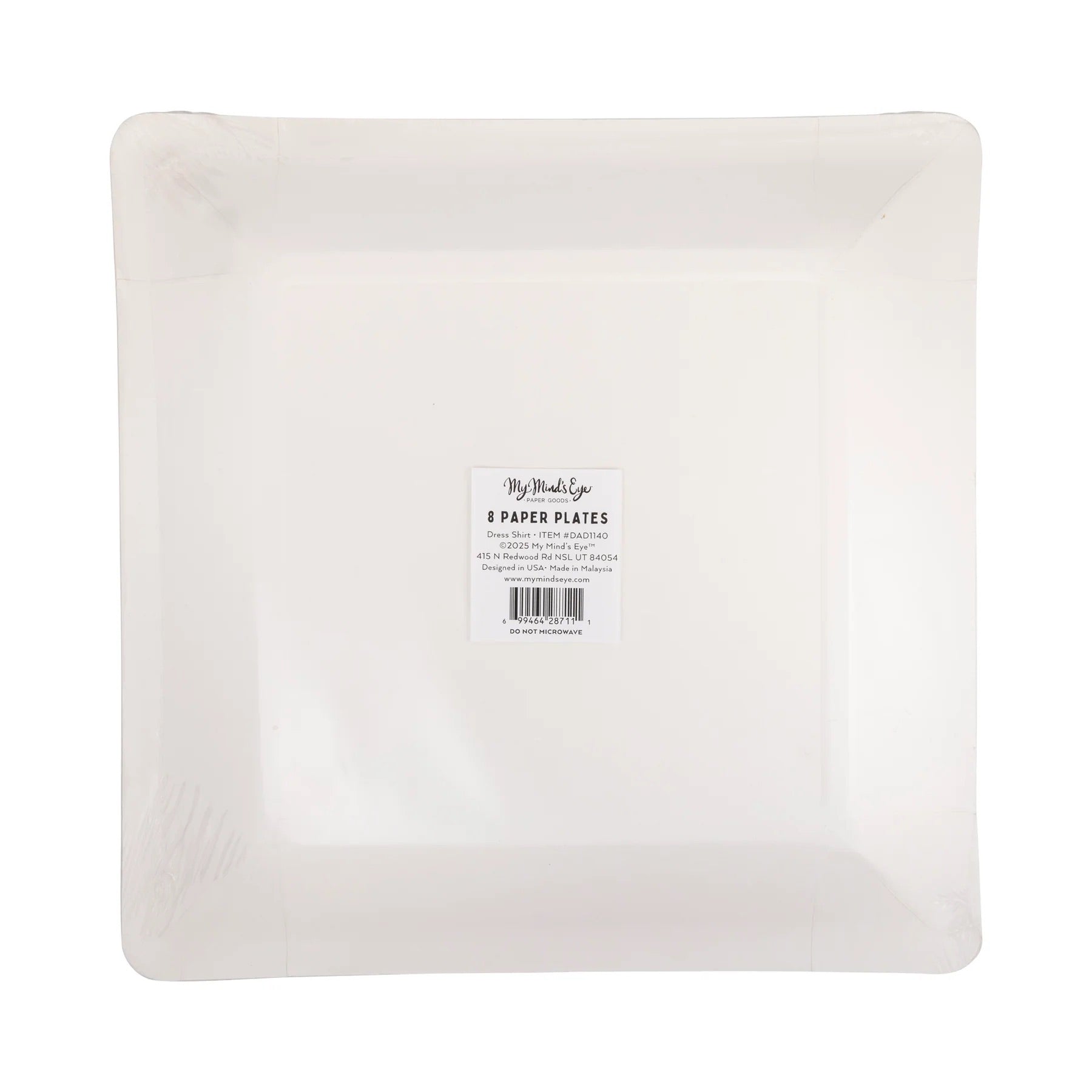 A square-shaped white paper plate in clear plastic packaging. A centered label displays product information, including the item name "Dress Shirt Plate," the quantity, and a barcode.