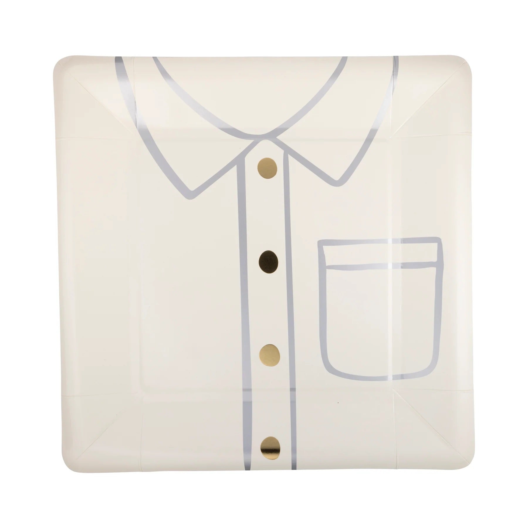 A dress shirt-themed paper plate in the shape of a square, featuring a minimalist blue outline of a collared shirt with gold foil button details and a pocket on the right side.